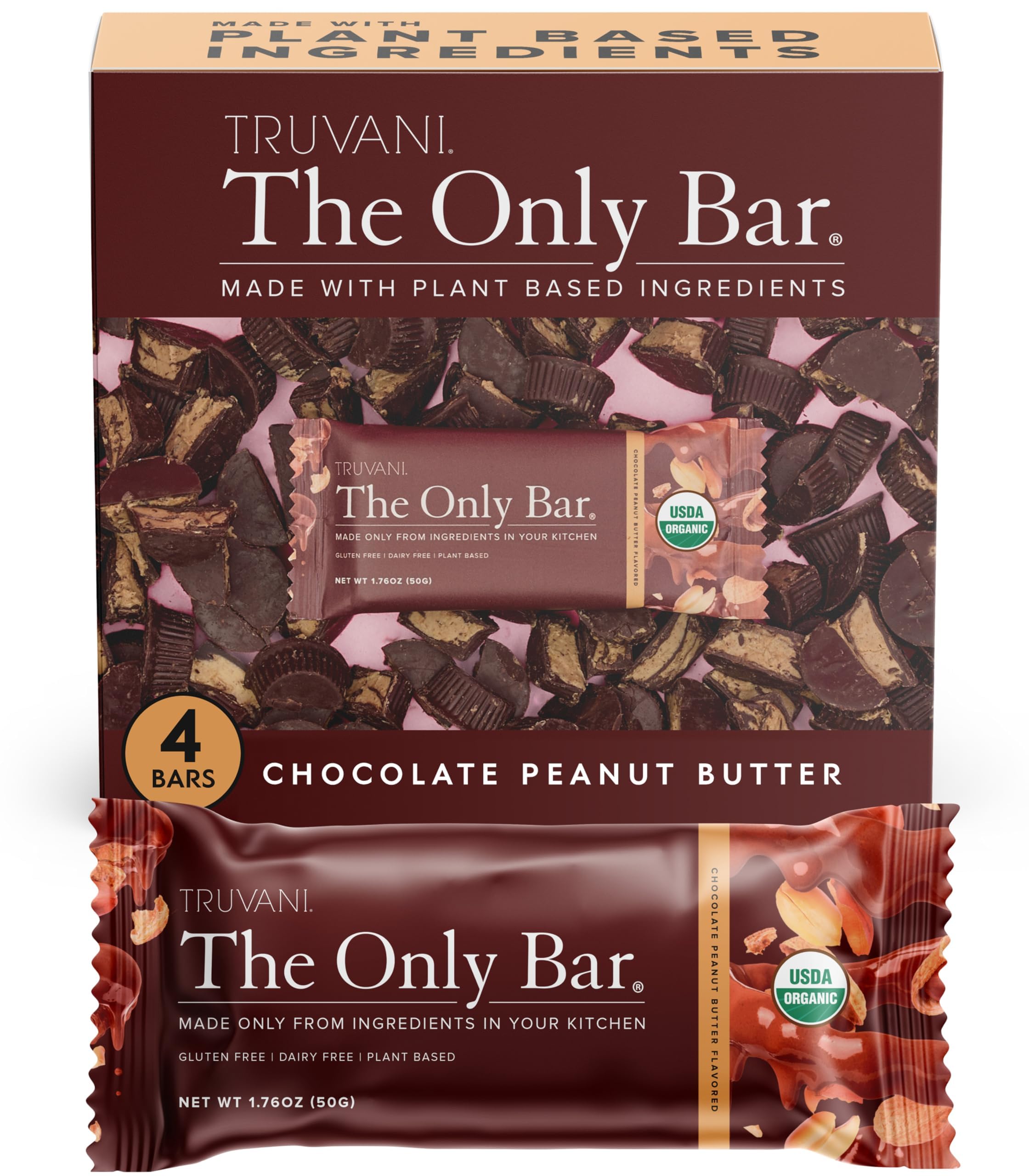 Truvani Plant Based Snack Bars | Chocolate Peanut Butter 4 Pack | 7g Protein | USDA Organic and Vegan | The Only Bar | Dairy, Soy, and Gluten Free | Individually Wrapped