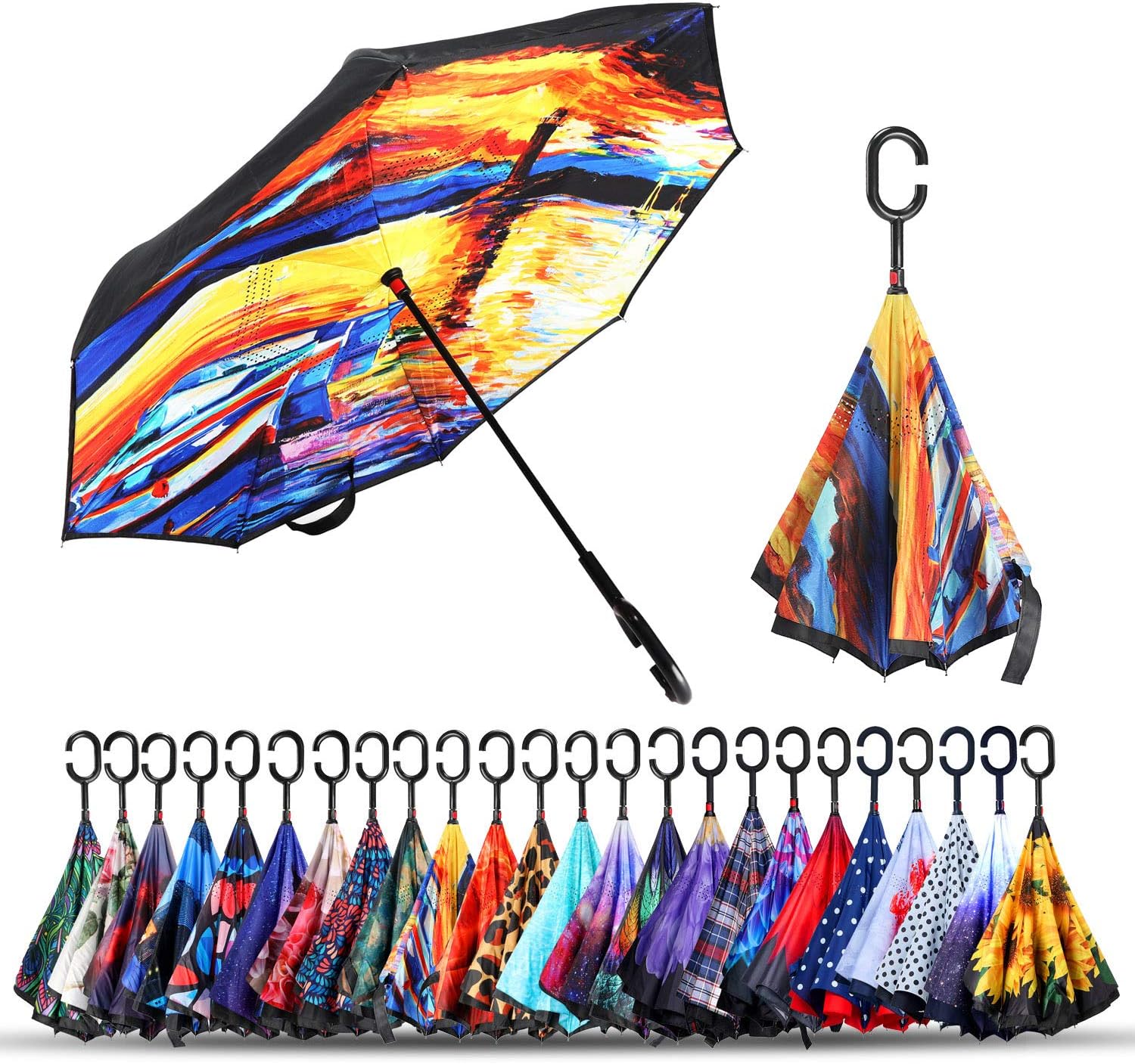 Double Layer Inverted Umbrellas Reverse Folding Umbrella Windproof UV Protection Big Straight Umbrella Inside Out Upside Down for Car Rain Outdoor With C-Shaped Handle