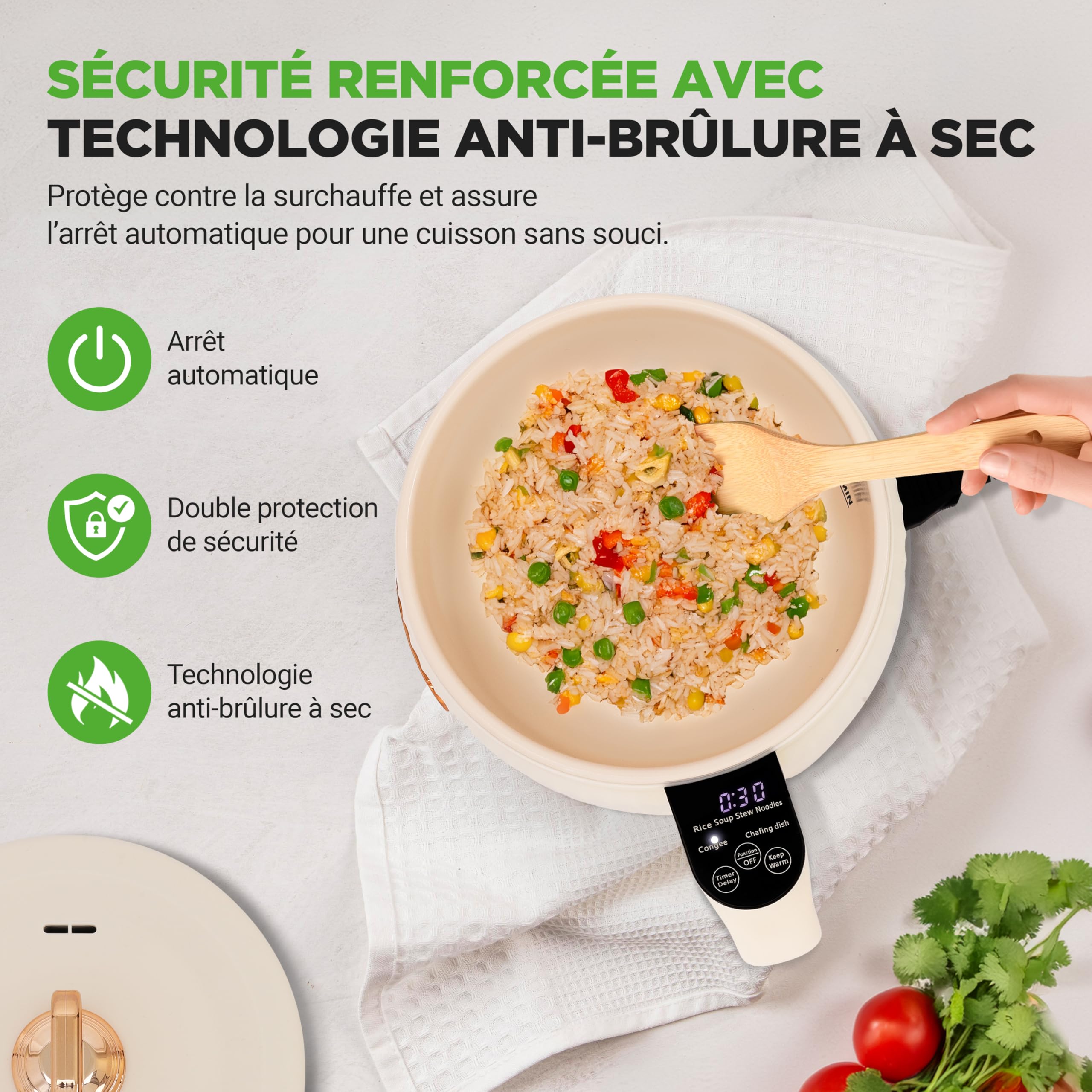 NutriChef Cuiseur à Riz Électrique Portable 1,5 L (6 Tasses) – Multicuiseur à Revêtement Céramique, Écran Numérique et 6 Programmes, Blanc.