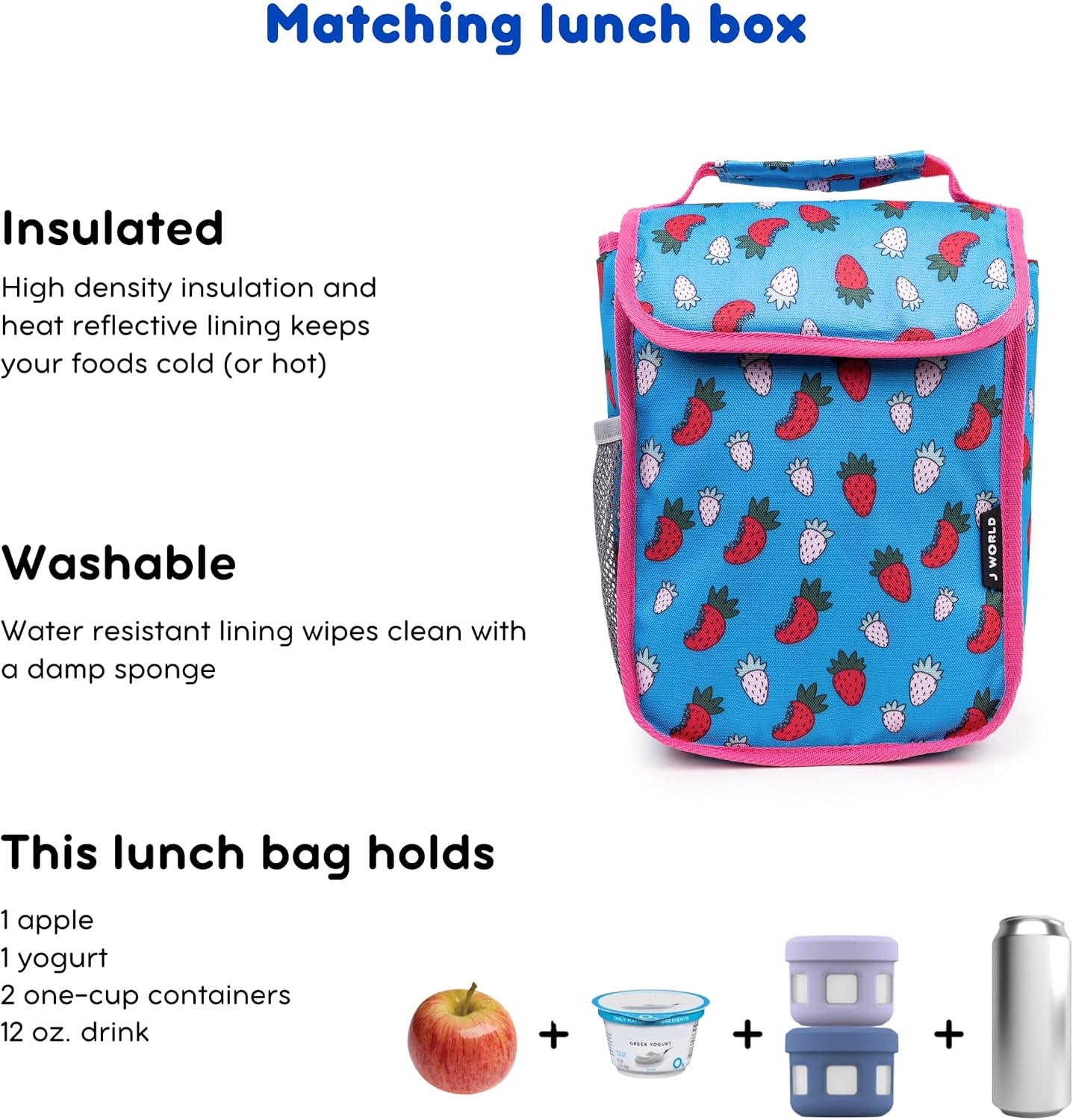 J World Lollipop Kids Rolling Backpack & Lunch Bag Set for Elementary School. Carry-On Suitcase with Wheels, Strawberry