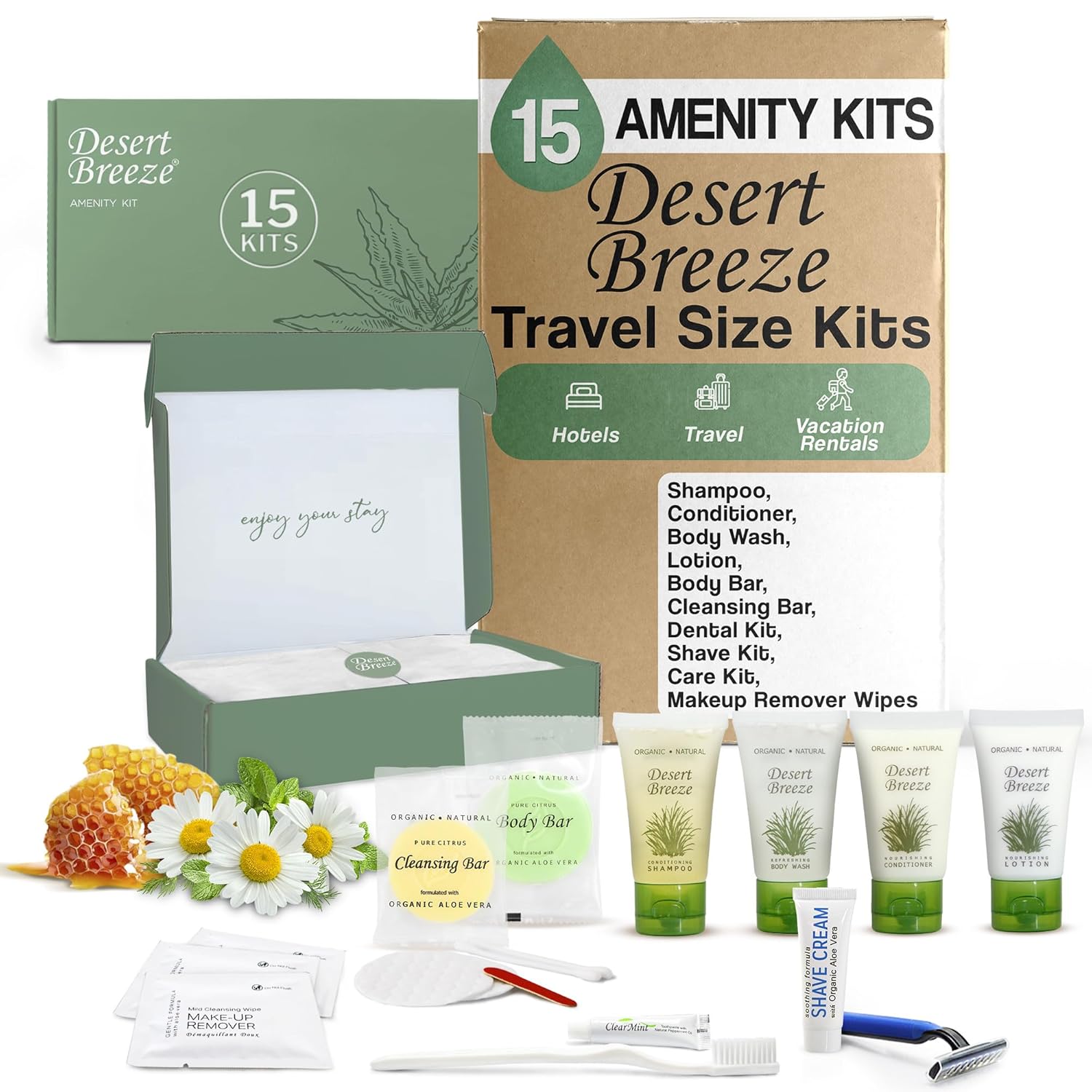 desert breeze amenity & accessory kit | 1 oz shampoo, conditioner, lotion, body wash, body bar, cleansing bar, shave & dental sets, make-up wipes, vanity kit | 15 sets per case 75 pieces (boxed w/ accesories)