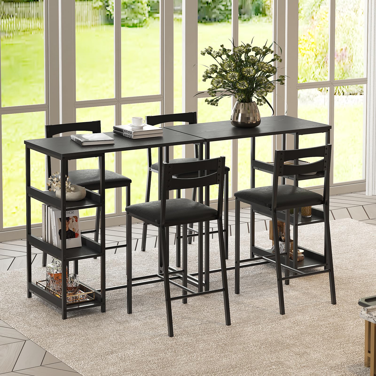 Garvee Bar Tisch Und Stühle Set, Rechteckiger Pub Tisch Mit 2 Hockern Für Kleinen Platz, High Top Tisch, 3-Teilige Frühstück Hocker Set, Robuster Metallrahmen, Einfach Zu Montieren,Schwarz