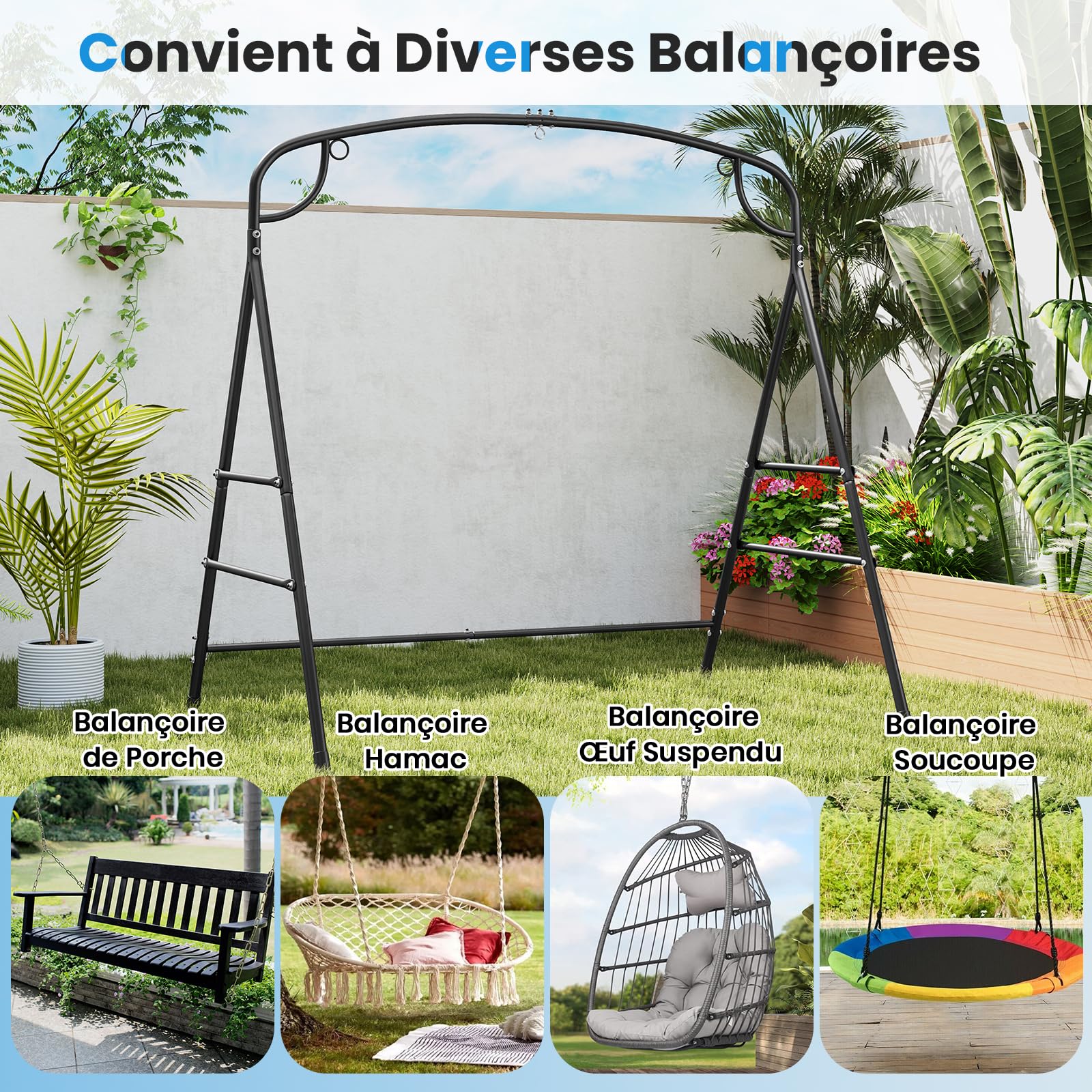 GOPLUS 2 en 1 Portique Balançoire Extérieur 1 Place, Cadre Support Siège Suspendu Hamac pour Porche, Charge 300 kg, pour Jardin, Arrière-Cour, Balcon, sans Banlançoire (Noir|2 en 1,180x133x182CM)