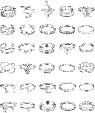 iF YOU 30 Pcs Silver Stackable Rings Set for Women, Boho Butterfly Snake Knuckle Finger Rings Stack, Vintage Midi Rings Pack Summer Jewelry