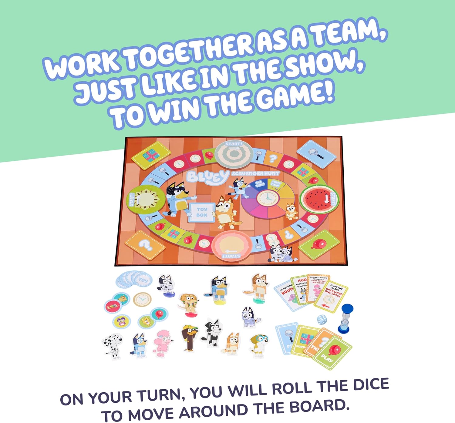 Bluey Scavenger Hunt Board Game, Cooperative Play with 4 Exclusive Mini-Figures, Indoor Games for Kids Ages 5+, Fun Toy Token Collecting Game