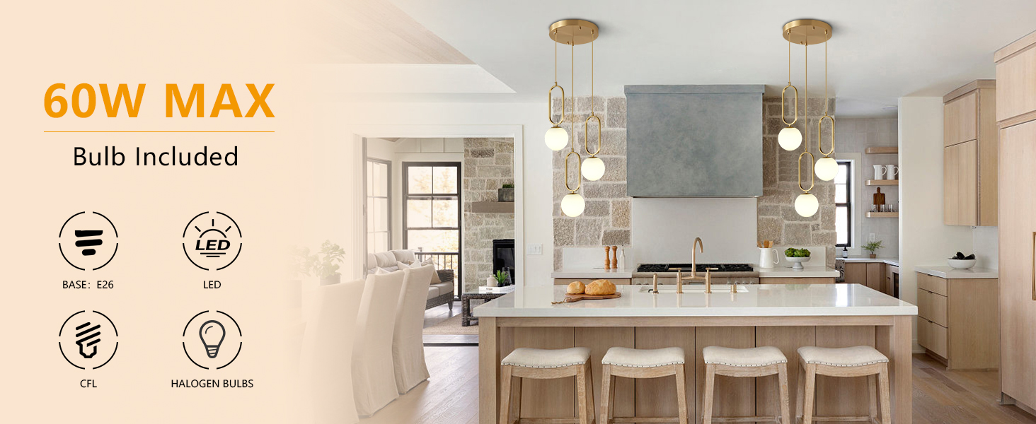 Image of Globe Pendant Lighting Modern Kitchen Island Lighting Gold Brushed Brass Hanging Light with Glass Shade, Adjustable Mini Ceiling Pendant Lamp for Bedroom Living Room Dining Room (D5006-5)