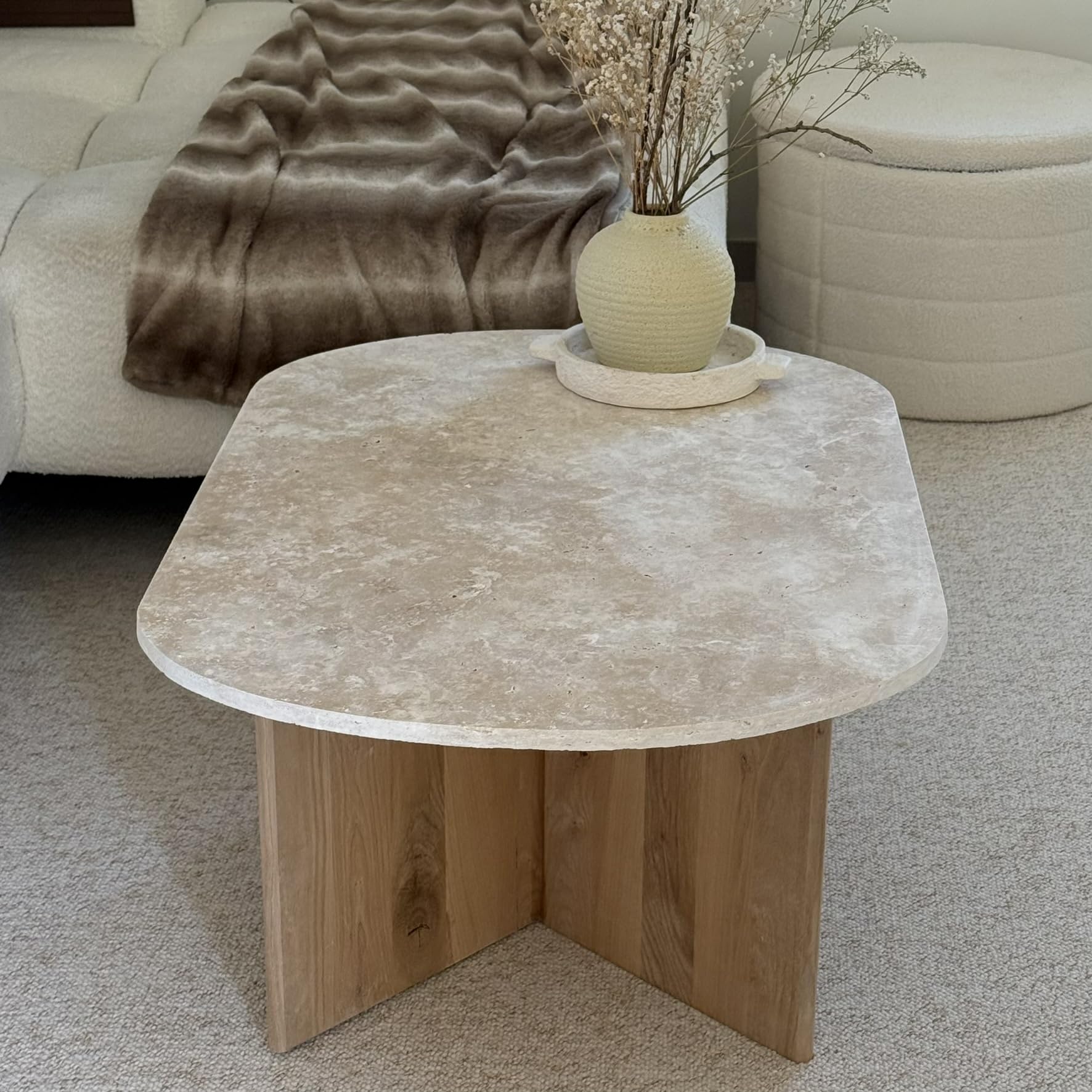 Table Basse Ovale Véritable travertin et chêne Brut (Table Seule)