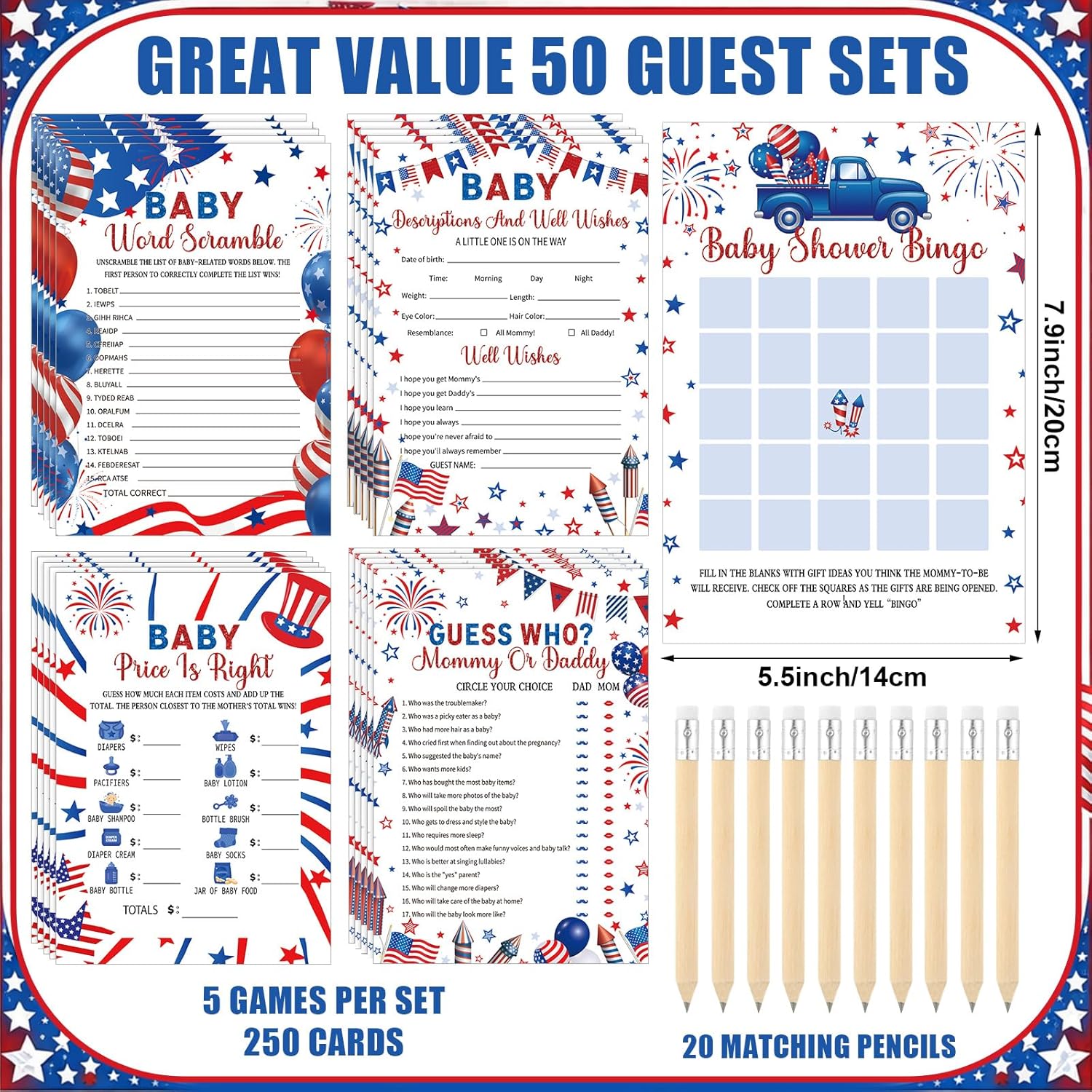 Patelai 321 Pcs 4th of July Baby Shower Game Set Supply for Girl or Boy Red Blue White Baby Shower Supplies for Patriotic Memorial Day Independence Day 250th Anniversary Gender Reveal Party Favors
