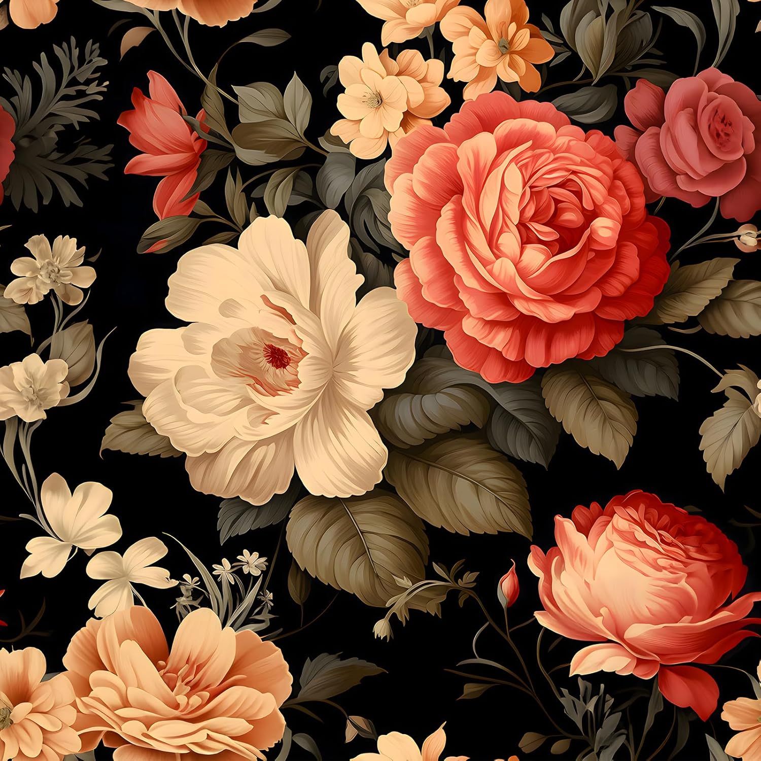 Floral Peel and Stick Wallpaper,Removable Contact Paper for Walls,Black Background with Embossed Ink Chrysanthemums,European Retro Style,Beige Pink Red Flowers,DIY Decal. 17.5x393.7 Inches