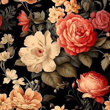 Floral Peel and Stick Wallpaper,Removable Contact Paper for Walls,Black Background with Embossed Ink Chrysanthemums,European Retro Style,Beige Pink Red Flowers,DIY Decal. 17.5x393.7 Inches