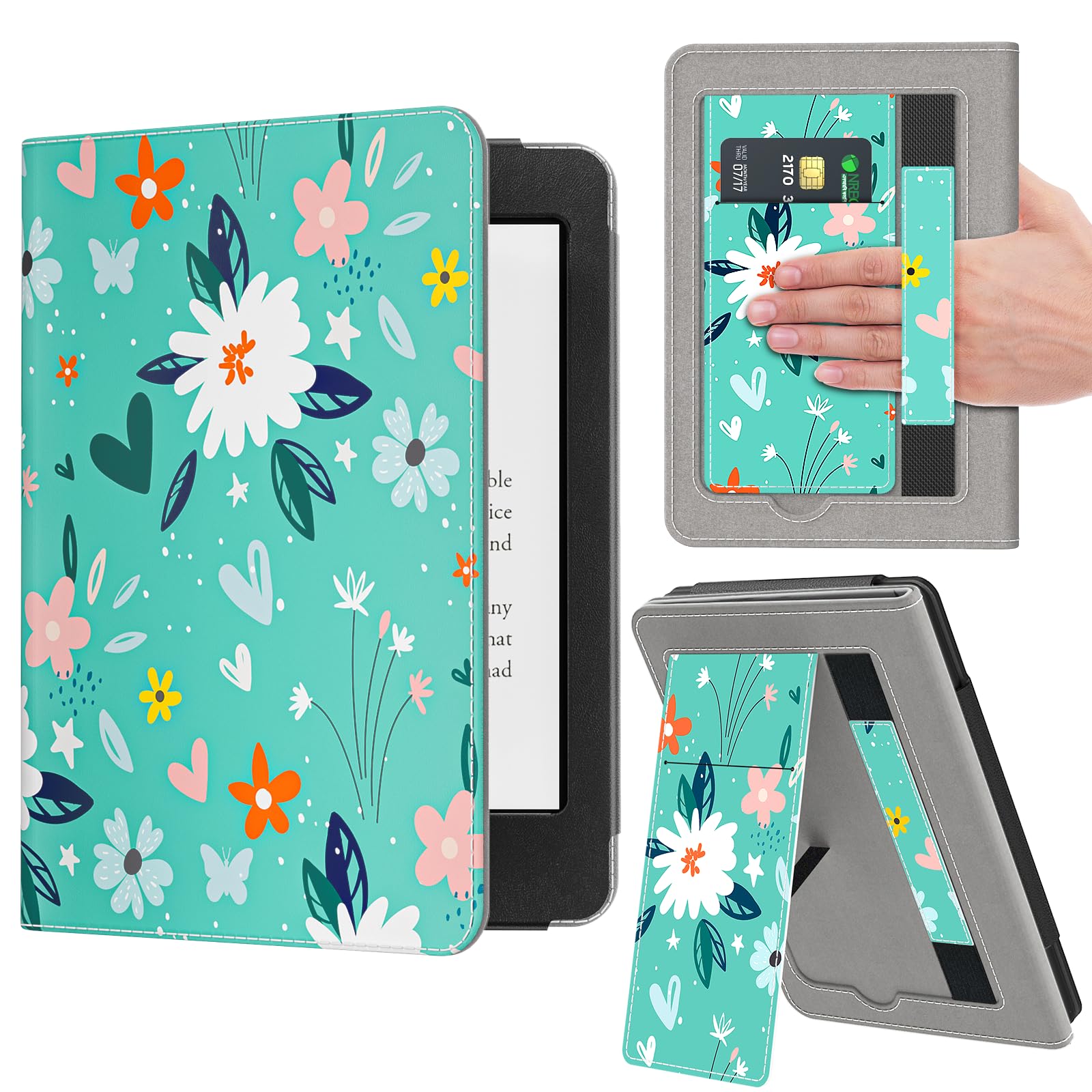 VORI Stand Case für Kindle Paperwhite (11th Generation-2021) und Kindle Paperwhite Signature Edition, PU Leder Hülle Smart Schutzhülle mit Auto Wake/Sleep und Handschlaufe, Grün Blume