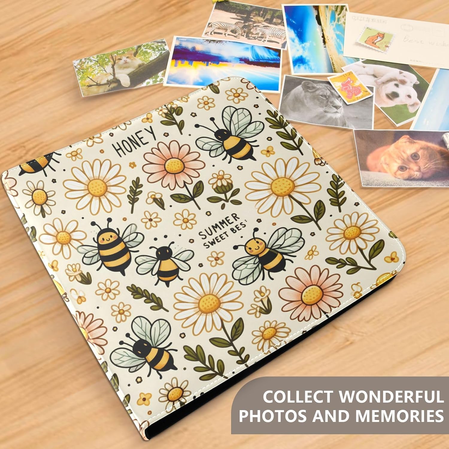 JIPONI Bee Honey Large Photo Album, DIY Leather Cover Scrapbook Albums for 4x6 5x7 6x8 Pictures, Self Adhesive Memory Book for Wedding, Baby, Family