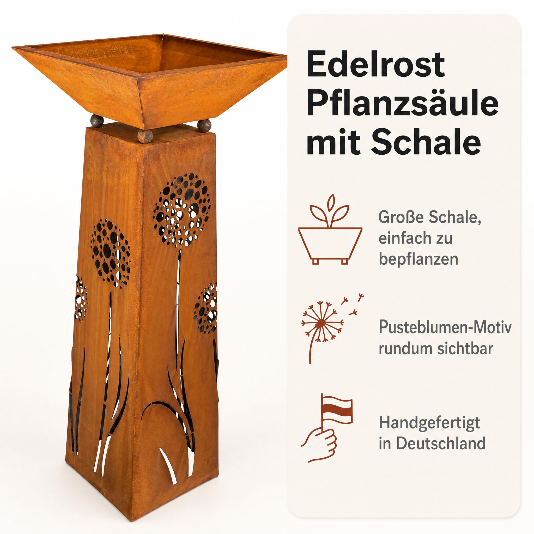 Rostikal Edelrost Pflanzsäule mit Schale 120 cm – Rostige Gartendeko mit Pusteblumen-Motiv – Handgefertigter Blumenständer mit eckiger Pflanzschale 50 x 50 cm - wetterfester Cortenstahl