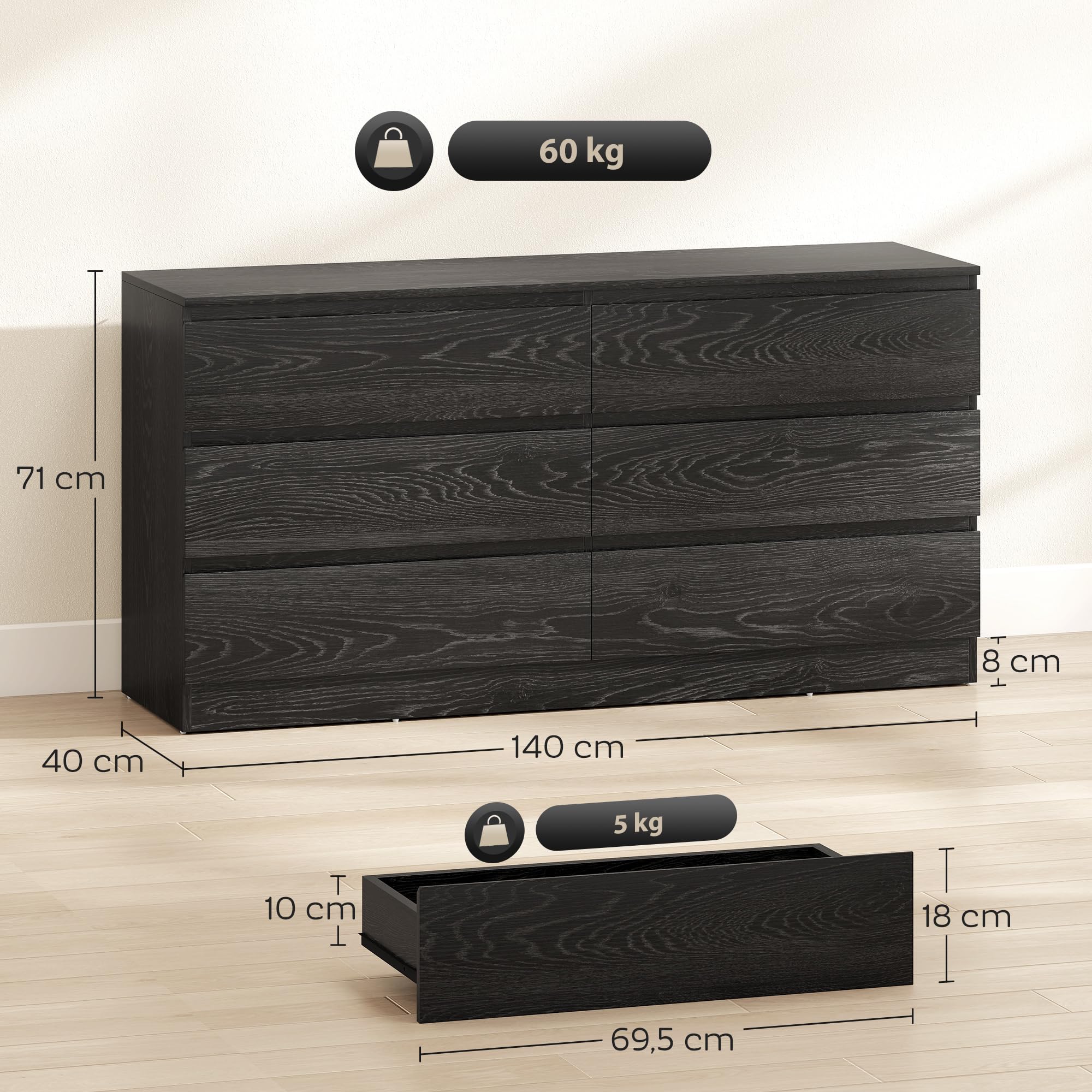 HOMCOM Cómoda 5 Cajones Cajonera Dormitorio 140x40x71 cm, Negro Veteado | Cómoda para Salón, Oficina, Estilo Moderno