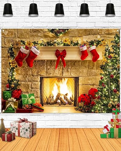 Mocsicka Telón de fondo navideño para chimenea, 7 x 5 pies, color rojo, tela de poliéster, incluye telón