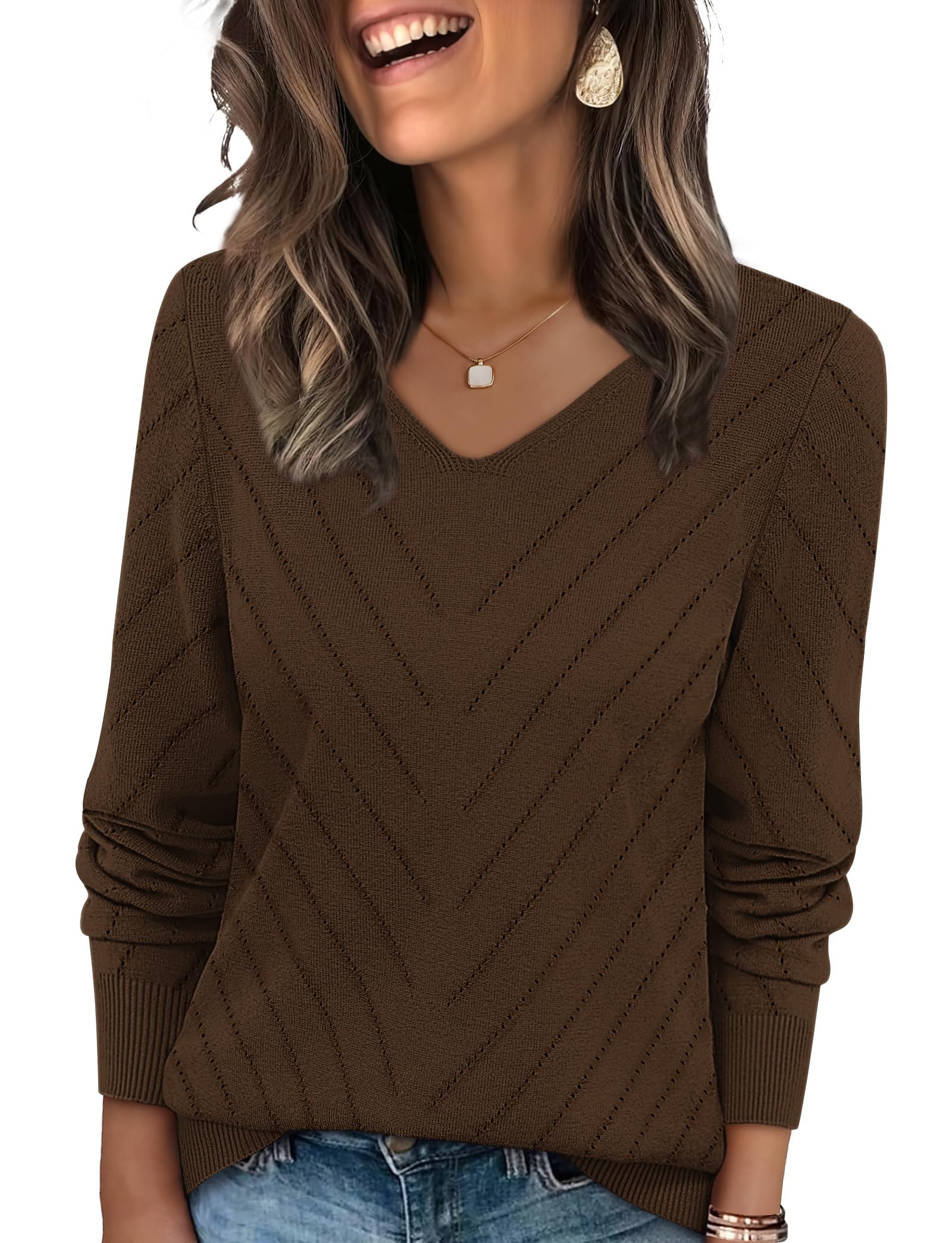 WIHOLL Damen Pullover V-Ausschnitt Freizeit Strick Langarmshirt | Weicher leichter Oberteile,lockerer Passform Strickpullover,Elegant Herbst Winter Tops