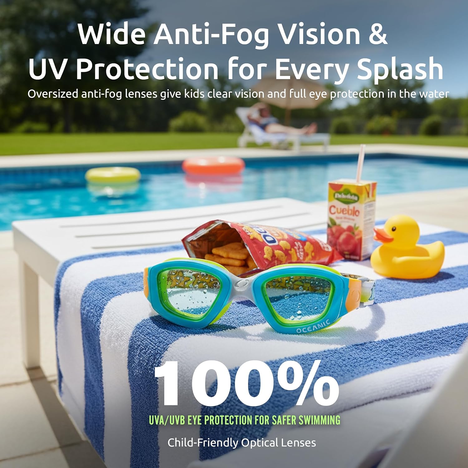 Oceanic Kids Swimming Goggles for Ages 3-8, Anti-Fog Wide View Swim Eyewear, Adjustable Strap, Youth Pool & Beach
