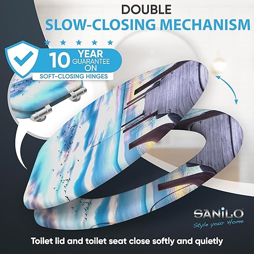 Miniatura 3 de SANILO Asiento de inodoro de madera con cierre suave alargado  Asiento de madera moldeada decorativo, silencioso y de cierre lento  Con fuertes