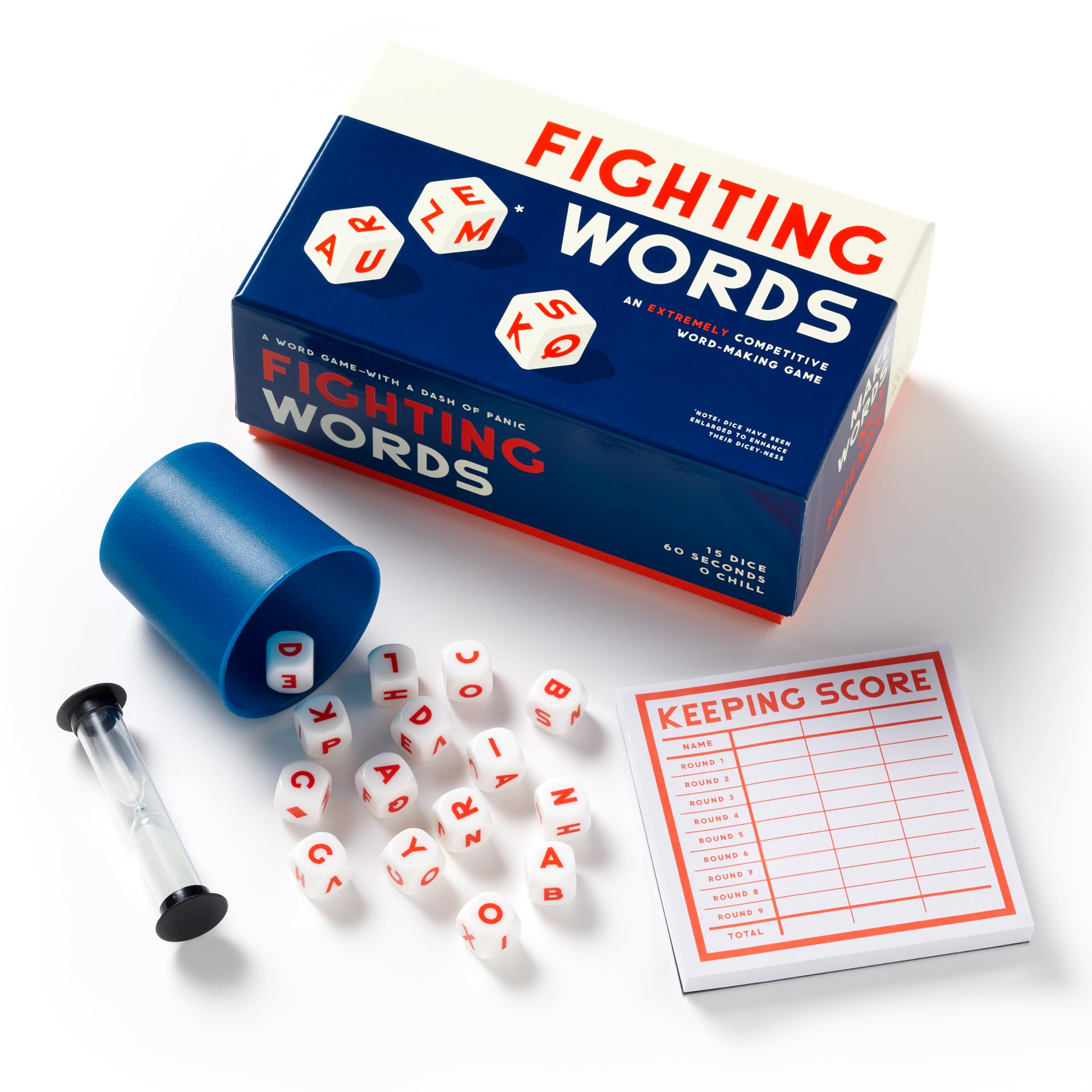 Brass Monkey Fighting Words - Fast Paced Word Making Dice Game Includes Sand Timer 15 Six-Sided Dice and Dice Cup, 2+ Players