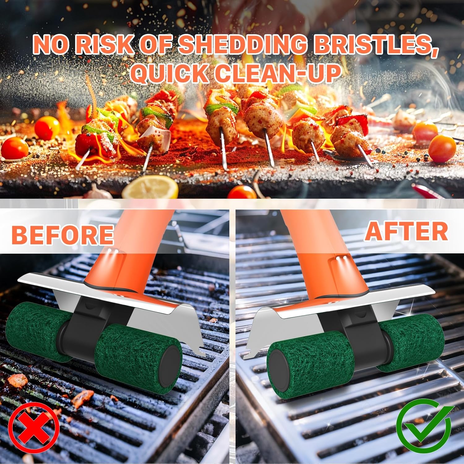 Hillyfe Electric Grill Brush, Bristle-Free Dual Rotating Heads, 450 RPM with LED Light, 120-Minute Runtime, IPX5 Waterproof, 4 Scouring Pads, Extended Handle, Safe for All Kinds of BBQ Grills, Orange