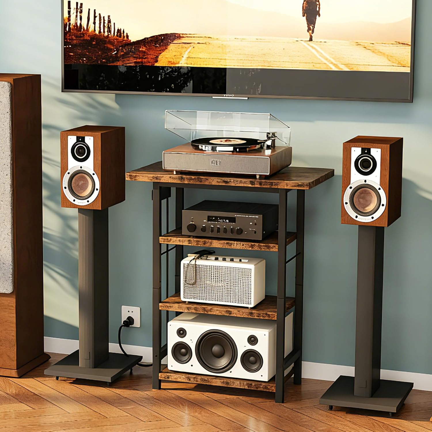 Homeiju 4-Tier AV Media Stand with Power Outlet, Wooden Record Player Stand, Entertainment Center with Storage Shelves, Stereo Stand DVD Stand for Bedroom, Living Room, Brown