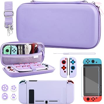 حافظة RHOTALL لجهاز Nintendo Switch، حافظة حمل صالحة للشرب لجهاز Switch بغطاء ناعم، واقي شاشة، 4 أغطية للإبهام، سوار معصم وحزام كتف، لون سادة مع نقش ساكورا - أرجواني