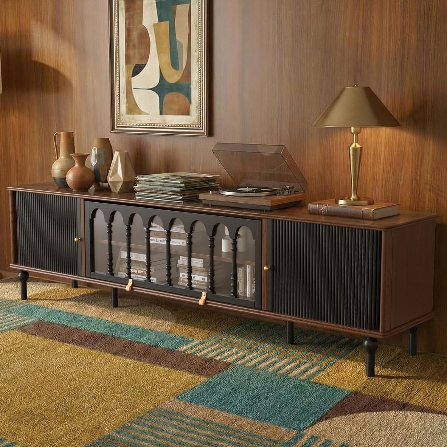 Modern Retro Living Room TV Cabinet, 78.74", Featuring Black Corrugated Panels and a Central Glass Display Door, with a Dual Rear Ventilation Design for Heat Dissipation.