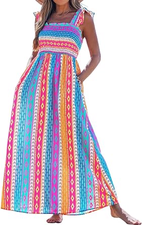 popvil Women Maxi Dress Smocked Summer Dress Square Neck Flowy 2026 Casual A Line Sleeveless Dress