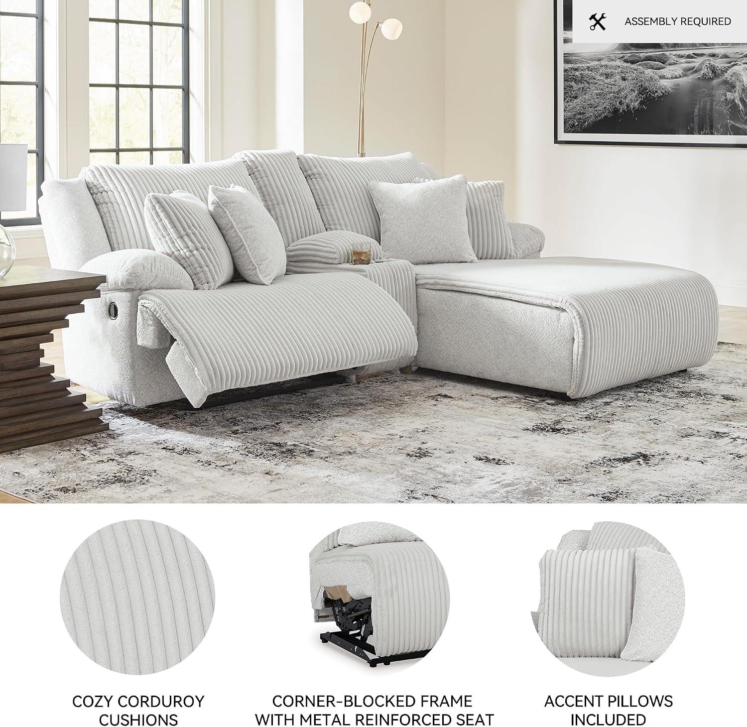 Ashley L-Shaped Reclining Sectional Sofa Chaise Console Storage 4 Pillows White