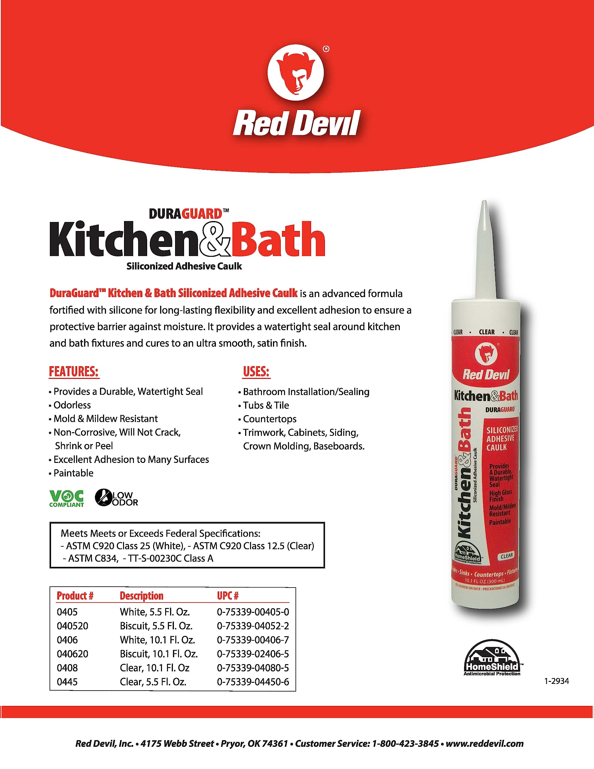 Red Devil 0445 Duraguard Kitchen & Bath Lot de 12 calfeutrants en acrylique siliconé, 155,9 g, transparent, fabriqué aux États-Unis