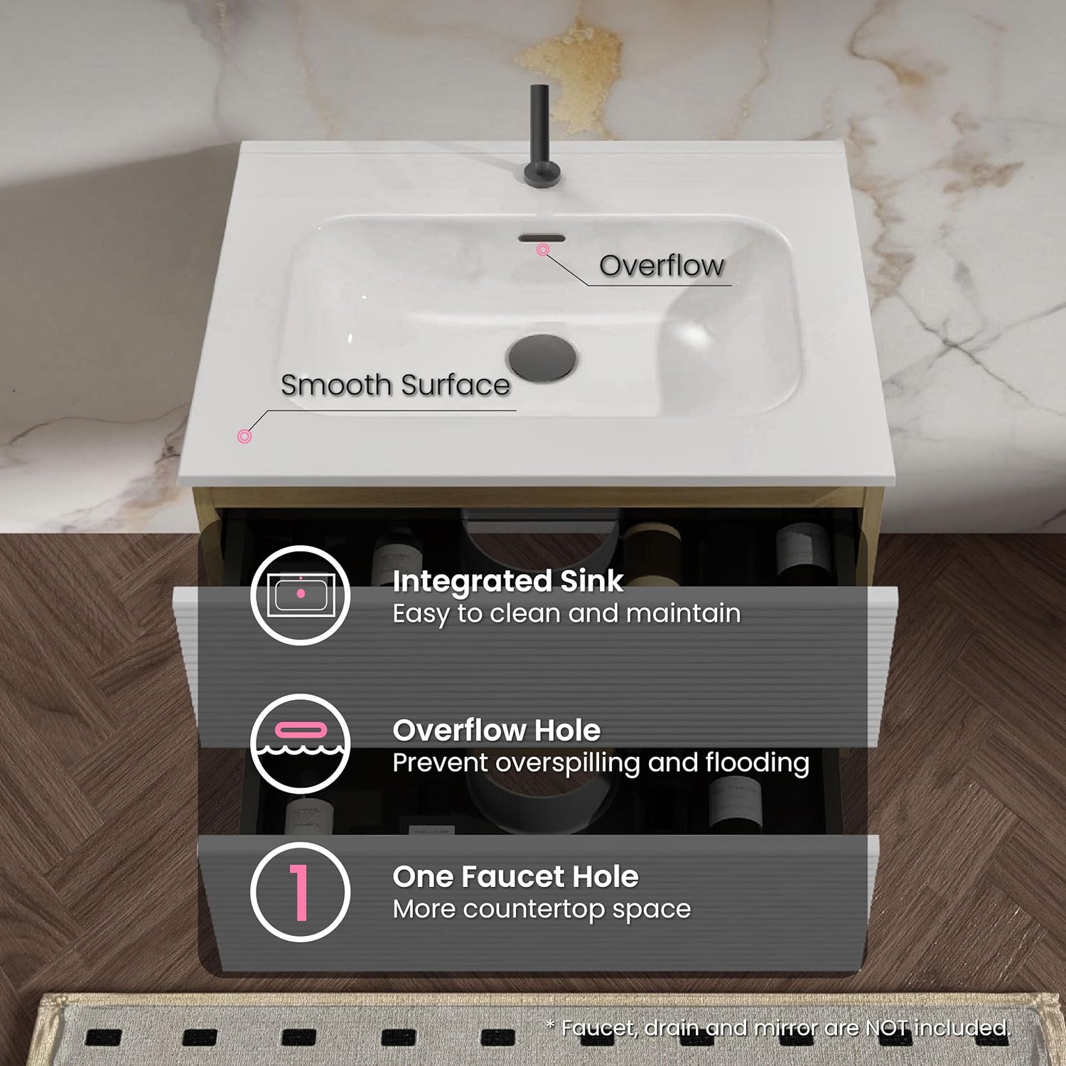 24″ Natural Wood & White Floating Bathroom Vanity with Sink, Modern Bathroom Cabinet with Soft Close & Large Storage Drawers, for Small Space, Apartment, Hotel, Fully Assembled