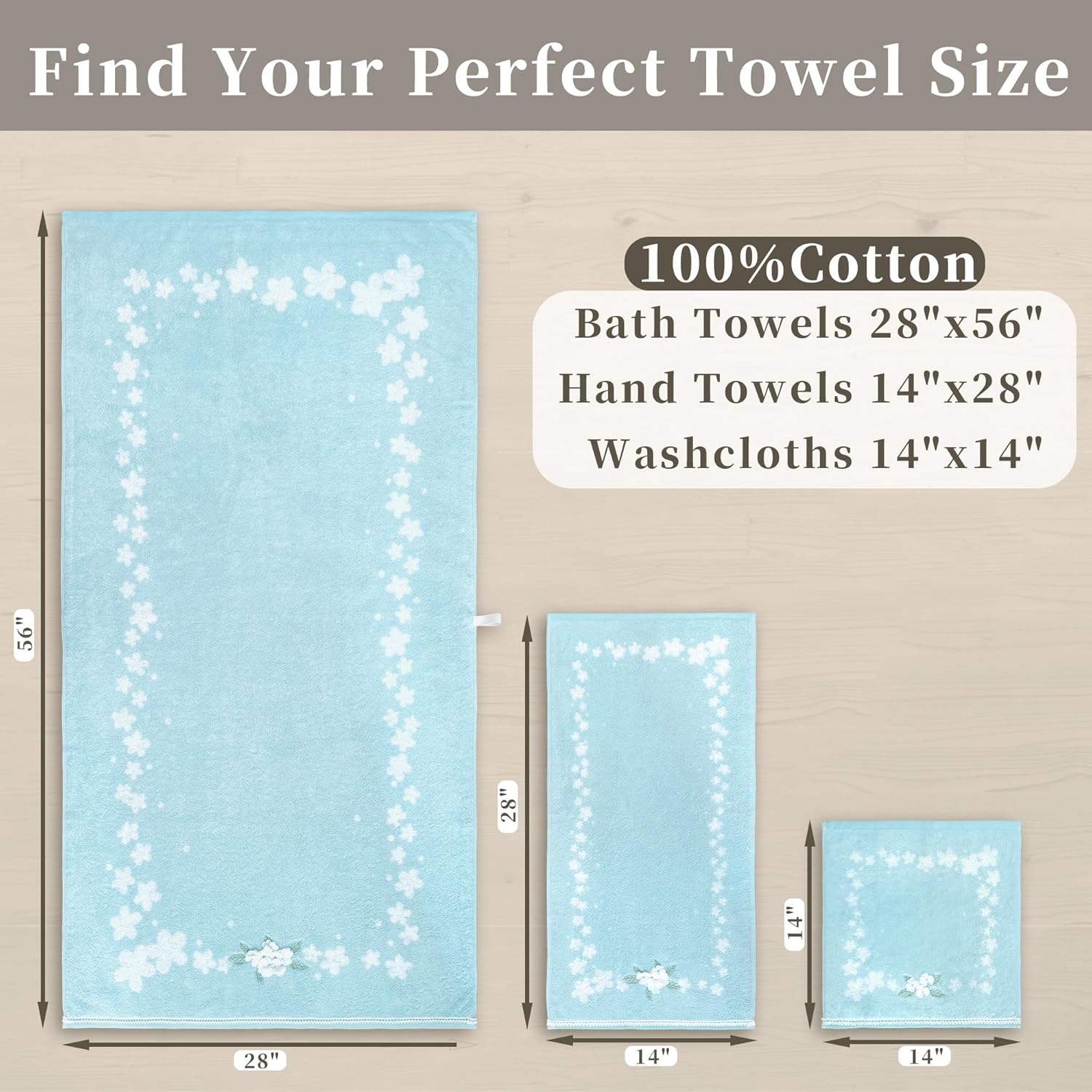VOOVA & MOVAS Blue Hand Towels Set (3PC, 14"x28") - 100% Cotton | Quick Dry | Soft | Absorbent, Light Weight Hand Towels for Showering & Bathroom, Flower Towel Set for Guest, Blue