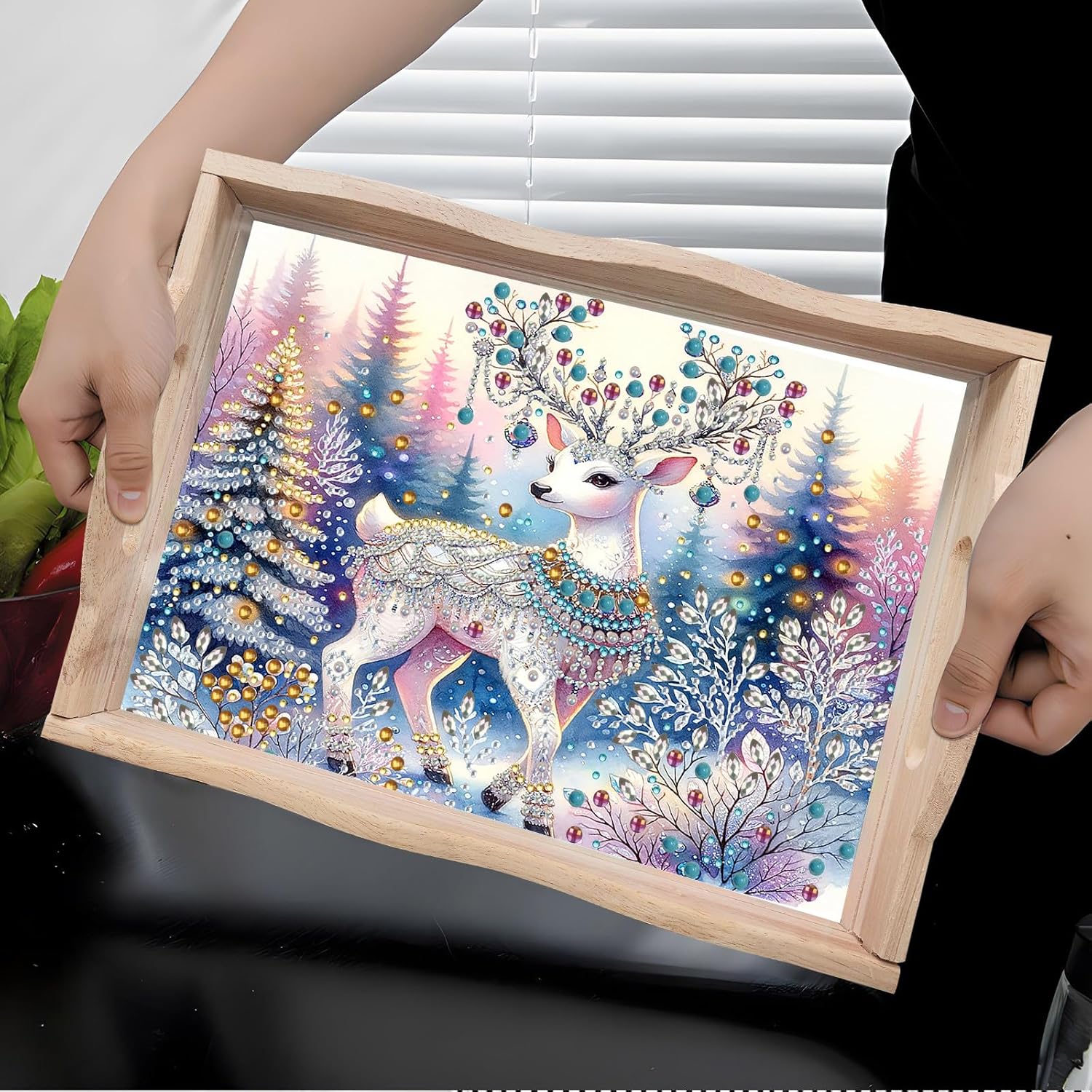 DIY Diamond Art Painting Wooden Tray Kit With Handle, Food Tray for Breakfast, Bar Dinner Table Decoration, Diamond Dots Gem Painting Art Set for Beginners - 2PC2