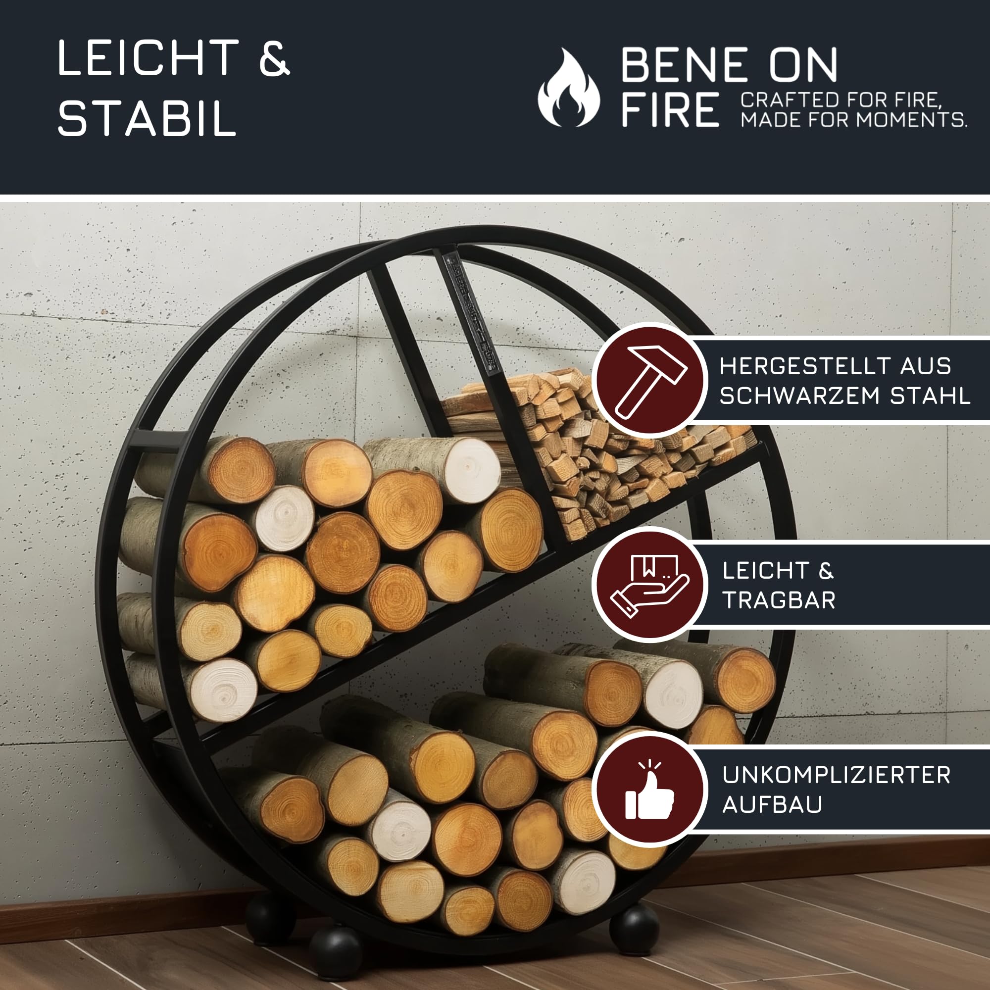 MR. DEKO BENE ON FIRE Kaminholzregal rund Kalifornien 80 cm | rundes Brennholzregal Metall schwarz | Holzlager dekorativ für Kamin Wohnzimmer | Feuerholzregal Garten Terrassen | Kaminholzunterstand