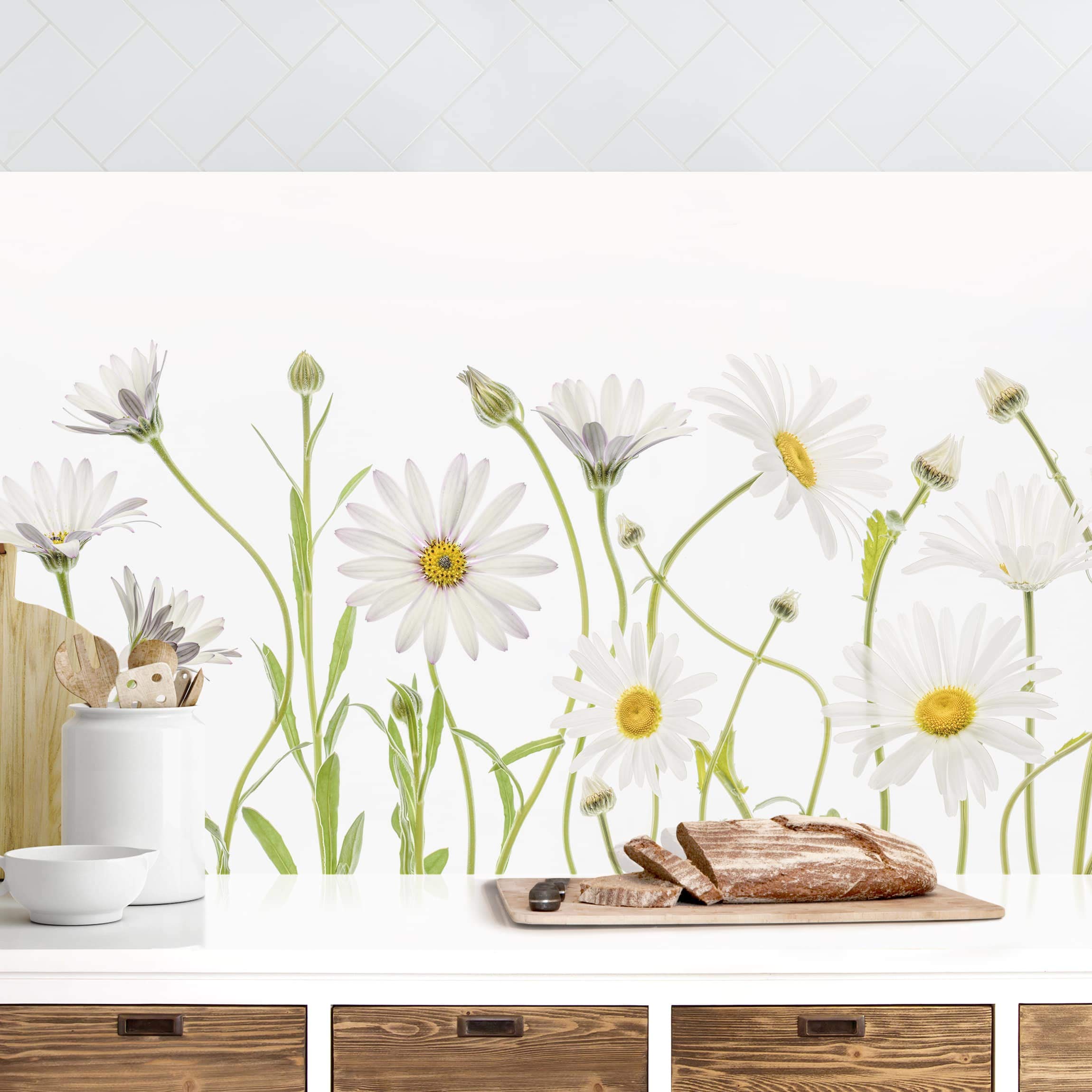 Bilderwelten Küchenrückwand Folie Glänzend 70x150 cm Leichter Gänseblümchen Mix Spritzschutz Fliesenspiegel Küche-Rückwand Motiv Klebefolie