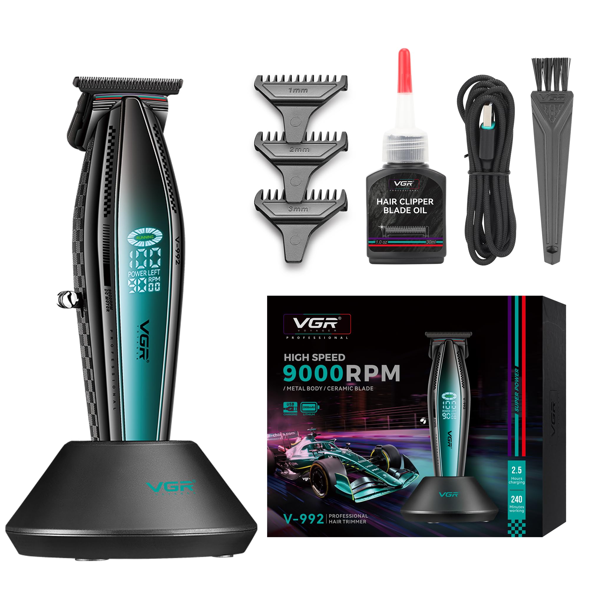 VGR Regolabarba professionale da uomo, motore elettrico DC 9000 giri/min, lama DLC T di precisione, batteria ricaricabile USB-C senza fili, batteria da 240 minuti con dock, dettaglio capelli da