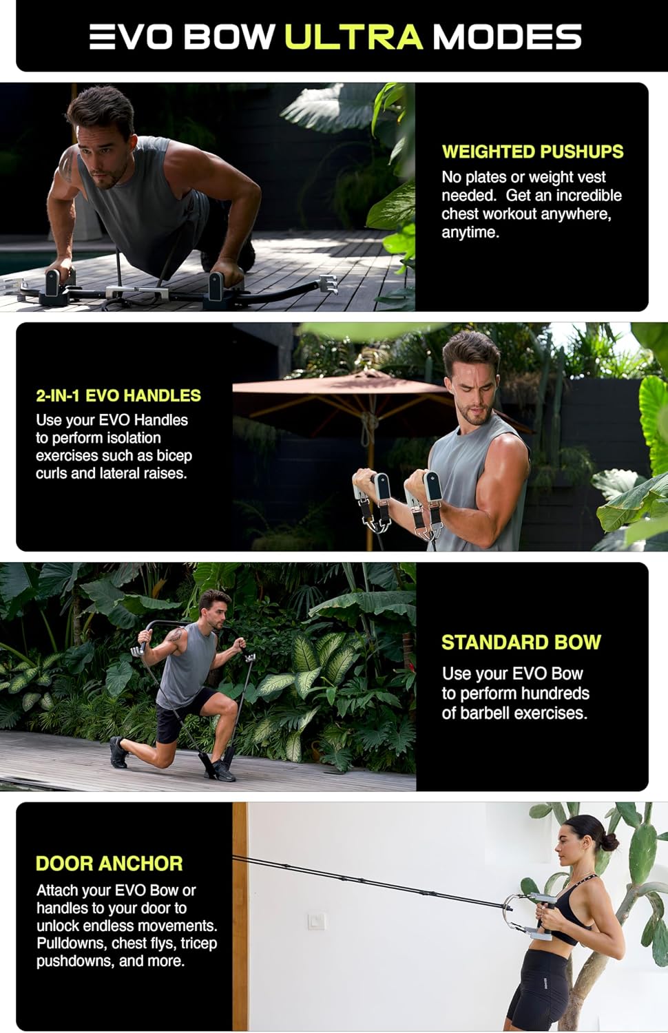 EVO Bow - All in One Portable Home Gym System with Ultra Weighted Push Up Board | Compact Strength Training and Exercise Equipment for Travel, Notched Resistance Bands for Full Body Training | 300lbs - Image 6