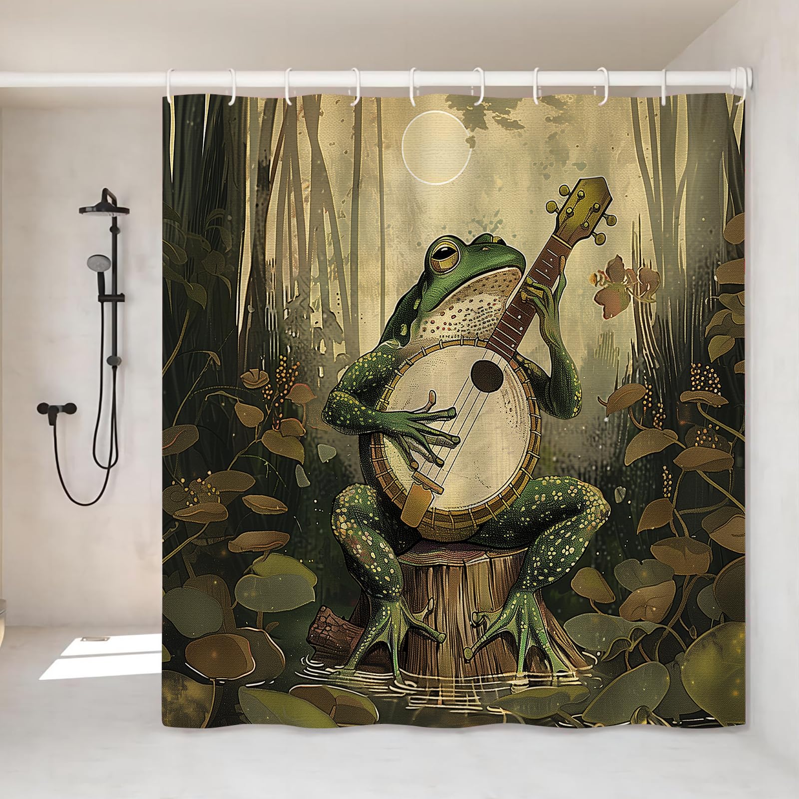 VODRM Frog Playing Banjo Shower Curtain- 72x72 Inch Whimsical Nature Bathroom Decor with 12 Hooks - Music and Art Curtains - Modern Country Rustic