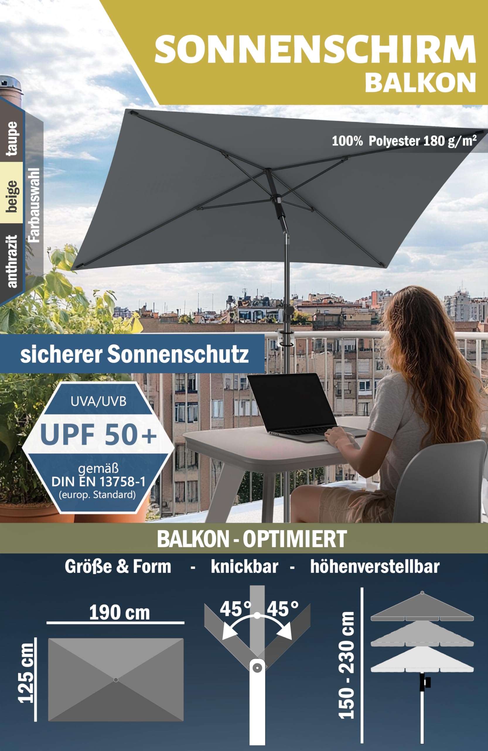 Menz Sonnenschirm Balkon - 3-IN-1 SET - UV50+ Sonnenschirm rechteckig 200x125 cm + Sonnenschirmhalter Balkongeländer + Sonnenschirmhülle - Sonnenschutz Balkon
