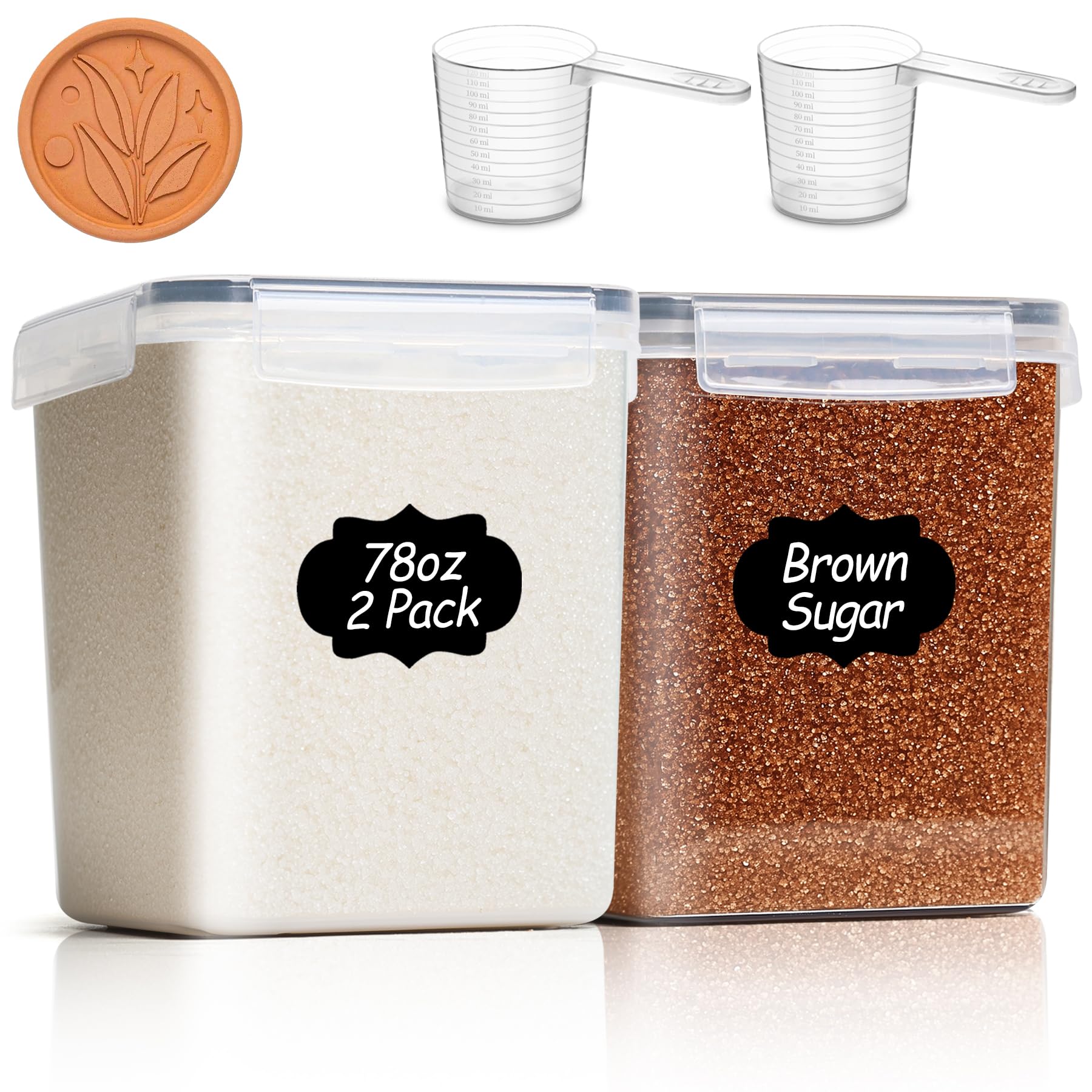 ComSaf Brown Sugar Container Set of 2 (2.5L/83Oz), Airtight Food Storage Containers with Lids and Terra Cotta Brown Sugar Saver, Plastic Canisters Sets for Kitchen, Pantry Organizers for Flour, Baking