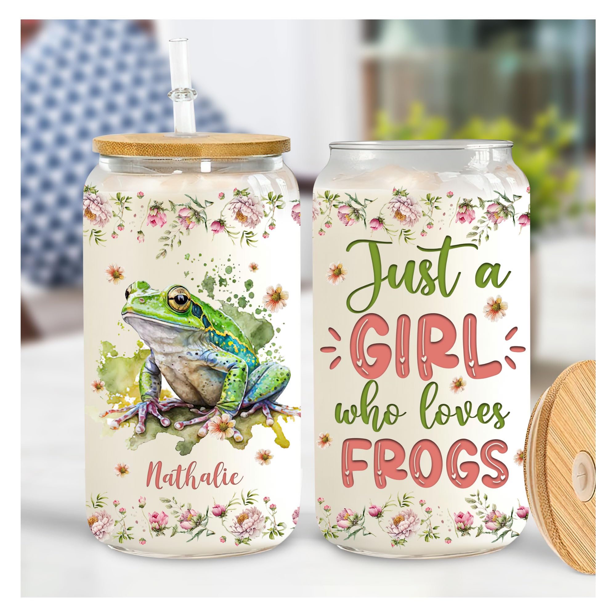 Hyturtle Personalized Glass Can Cup Gifts For Frog Lover - Custom Name Glass Cup 16 Oz For Her With Lids And Straws - Ideal Cute Animal Gifts For Women, Girls, Daughters On Birthday Christmas