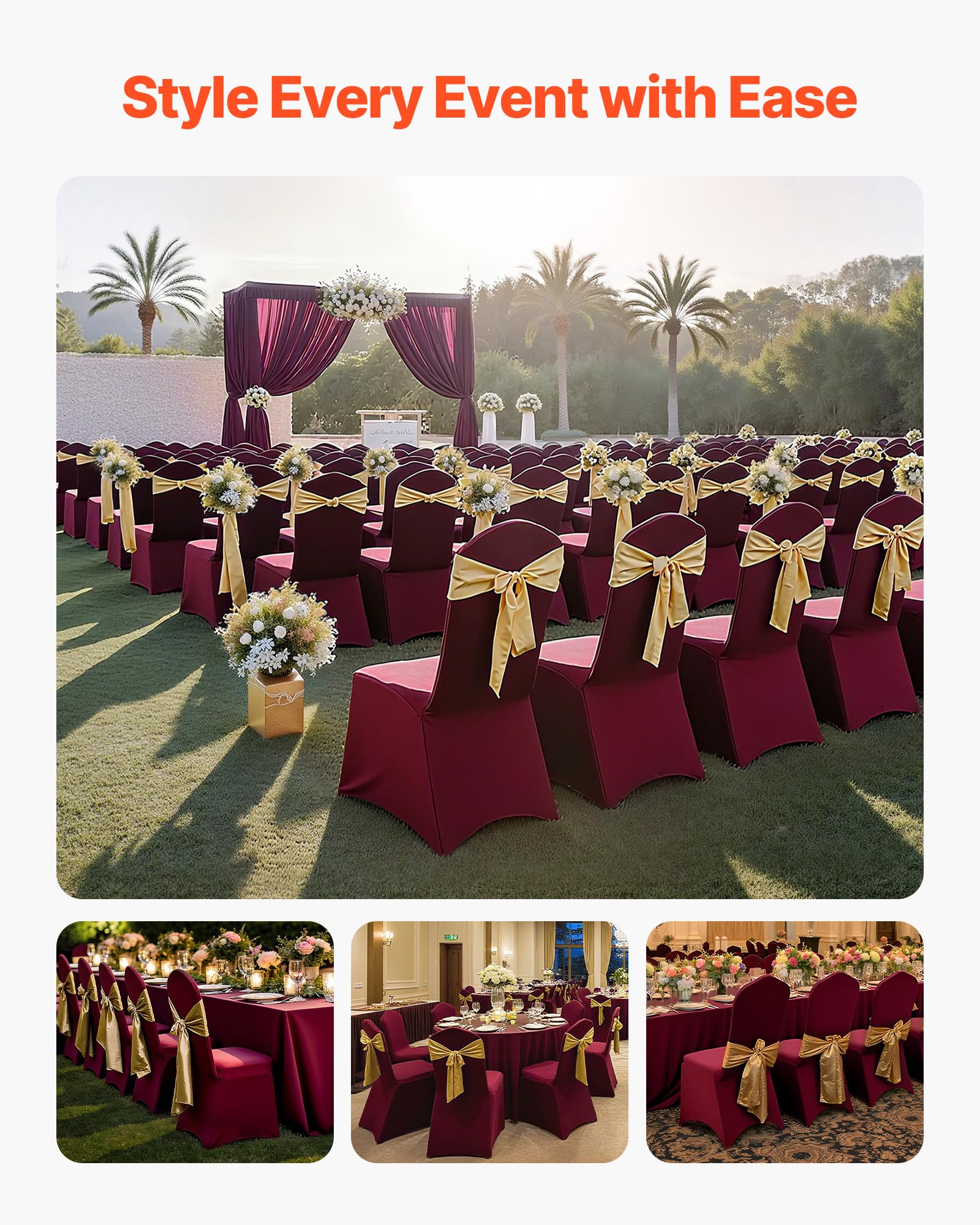 VEVOR Lot de 50 Housse de Chaise Extensible, Couverture Protecteur de Chaise en Polyester et Élasthanne, pour Mariage, Salle à Manger et Banquet, Convient aux Sièges Jusqu'à 51x45x95 cm, Bordeaux