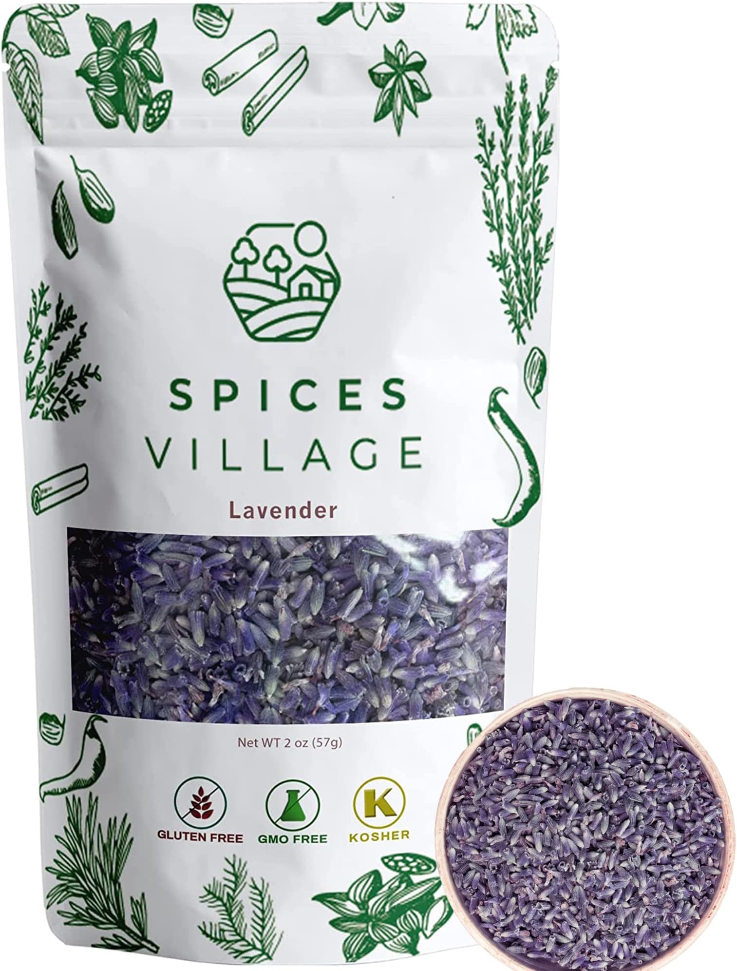 SPICES VILLAGE Dried Lavender Buds for Food, Herbal Tea, Potpourri, Wedding Confetti, Pillow - 2 oz, Kosher, Gluten Free, Vegan, Non GMO, Resealable Bulk Bag