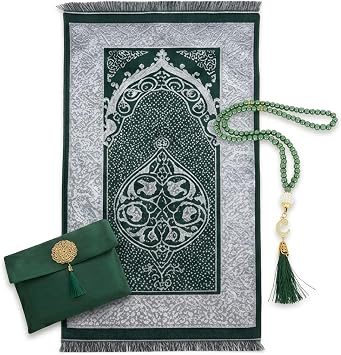 Muslim Prayer Rug with Tasbih and Portable Bag, Muslim Gift for Women Men, Mubarak Islamic Box, Soft Mat Islam Gifts Set, Turkish Sajadah for Ramadan, Eid, Hajj, Travel, Pray Emerald