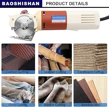 BAOSHISHAN Electric Rotary Fabric Cutter 65mm Hand-Held Blade Cloth Cutting Machine, Scissors 110V for Carpets, Multi-Layer Leather Under 25mm 1inch