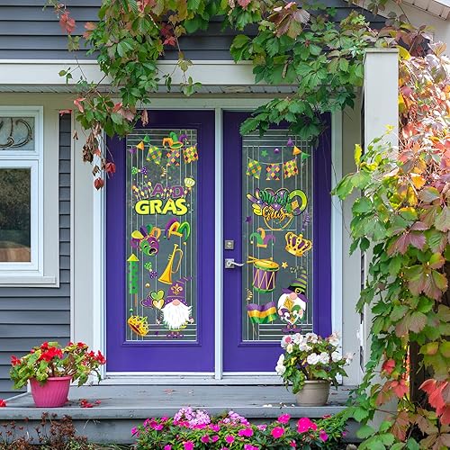 Miniatura 6 de Whaline 97 calcomanías de PVC reutilizables para ventana de Mardi Gras, gnomo payaso, para carnaval, fiesta, hogar, oficina, ventana, decoración de