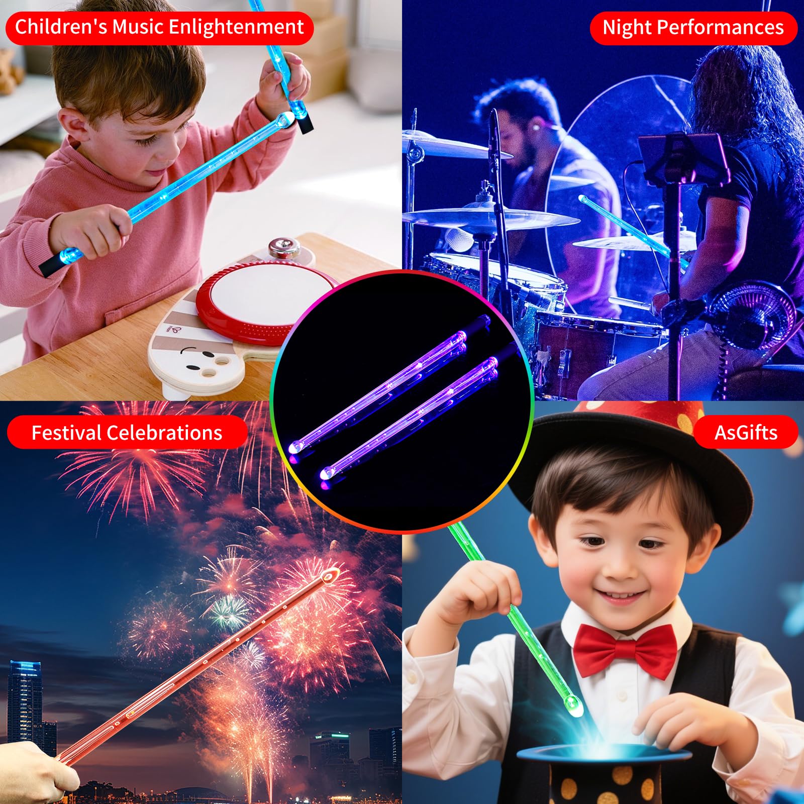 Baquetas recargables de 15 colores cambiantes, baquetas LED que brillan en la oscuridad para niños, accesorios de batería iluminados, regalos de batería en el escenario 7