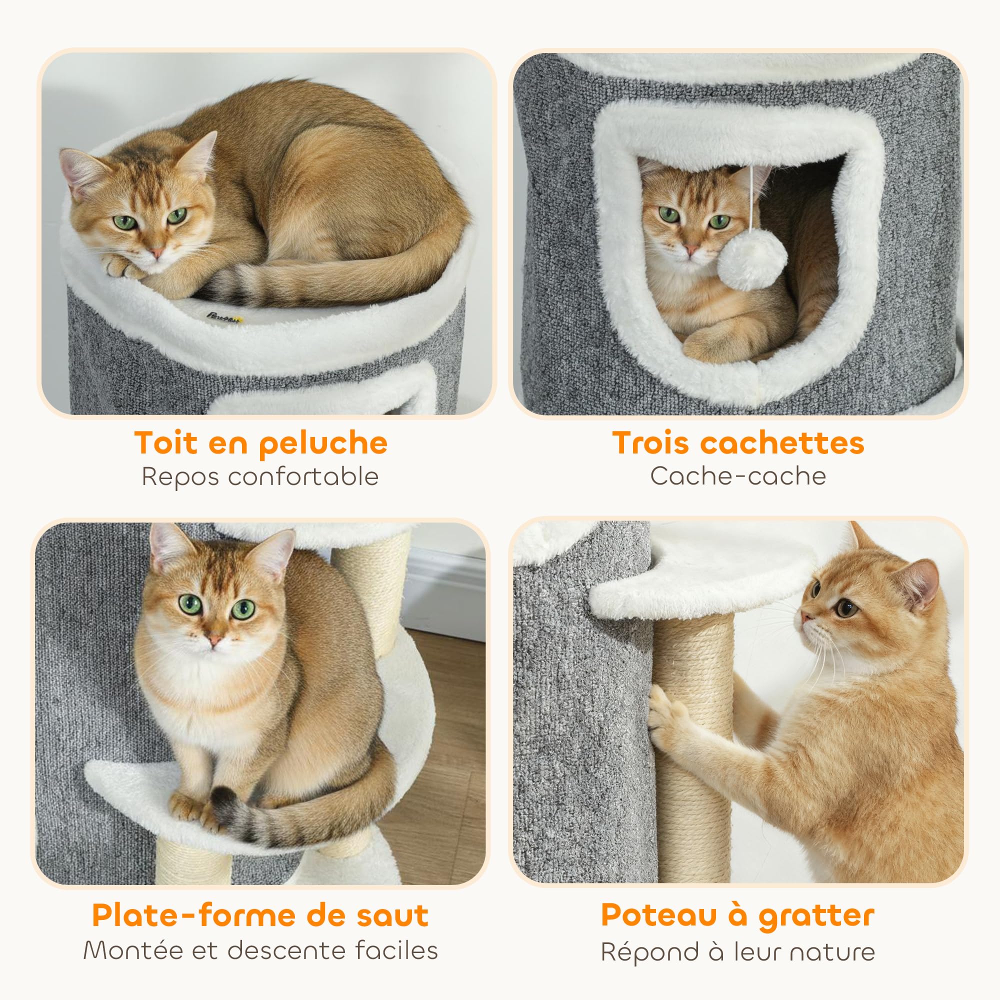 PawHut Tour pour Chat à 4 Niveaux, 101cm, Arbre à Chat Stable avec griffoirs en sisal et Bord en Peluche, 2 Plateformes, lit supérieur, pour Petits et Grands Chats, Parfait pour Griffes & Jeu, Gris