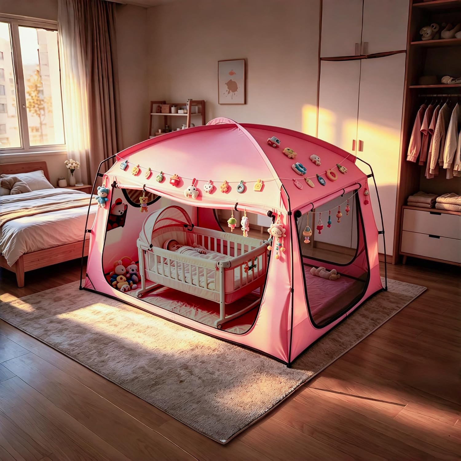 Pink Privacy Sleep Queen Size Bed Tent for Adult Kids, Women Girls Blackout 90% Indoor Floor Canopy Tents with Large Breathable Mesh Net Windows
