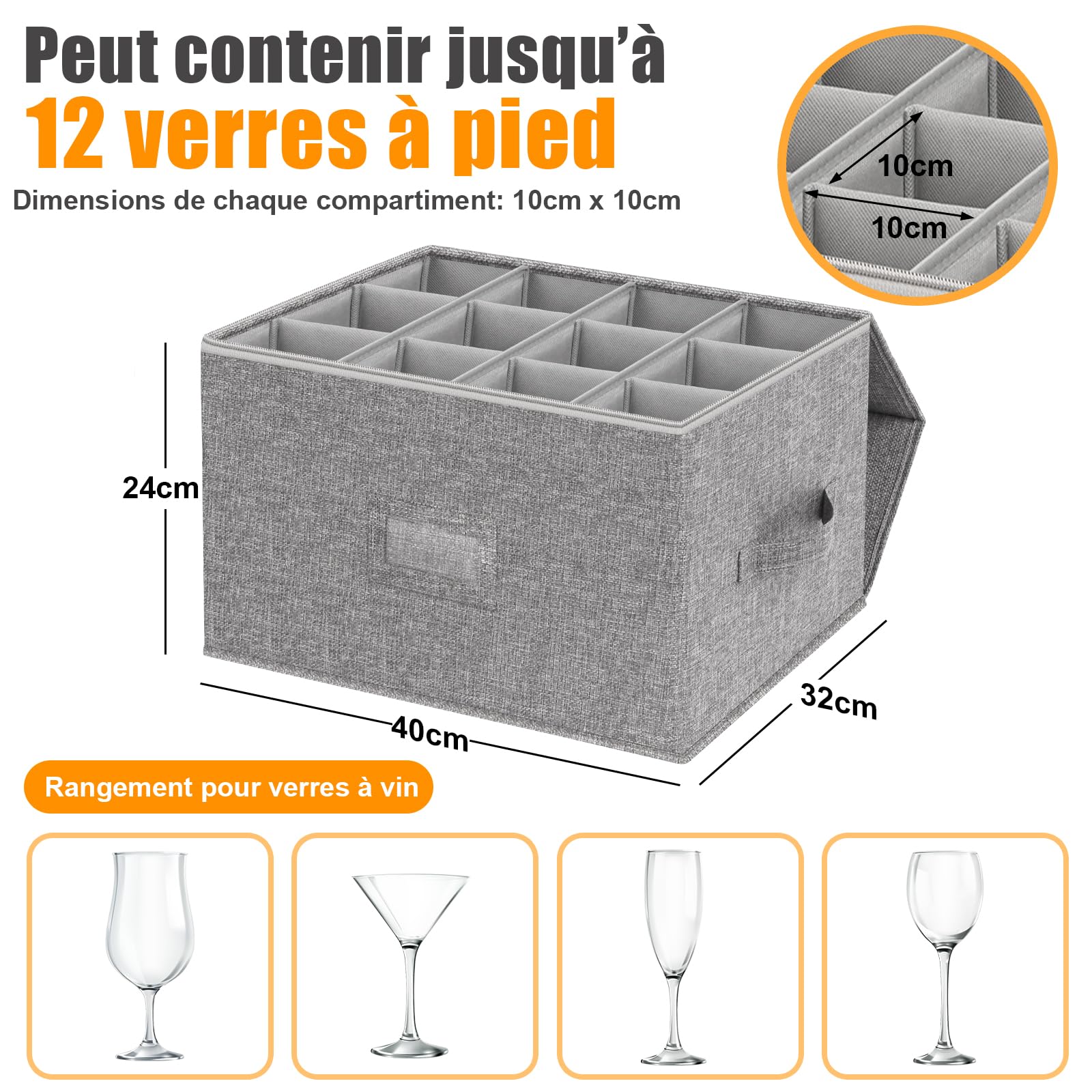 Kukikan Boîte de rangement pour verres à vin, contenant rigide pour verres à pied, boîtes de déménagement pour verres, carton pour verres avec séparateurs pour 12 articles en cristal, verres à vin